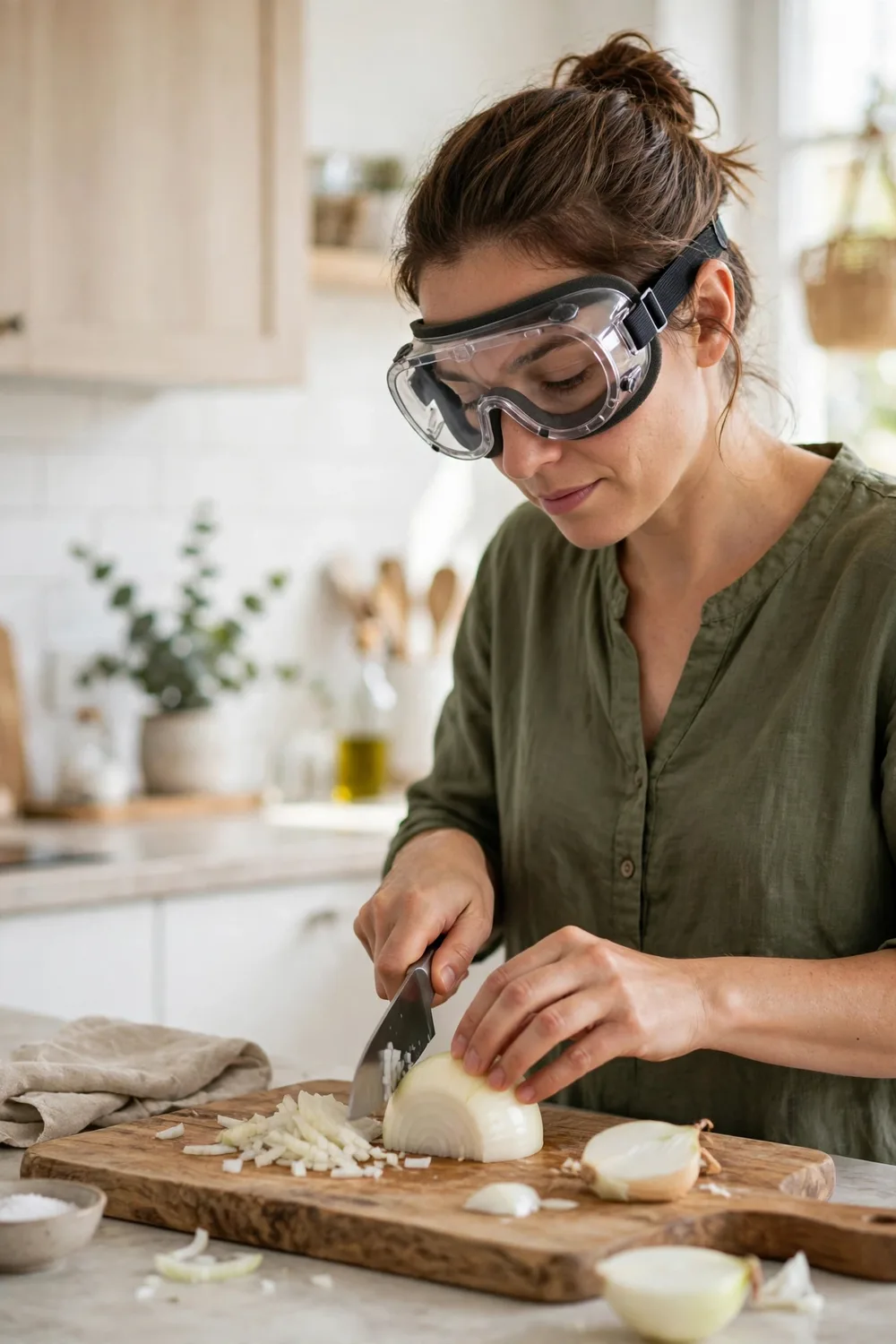 Onion goggles worn while chopping an onion on a board