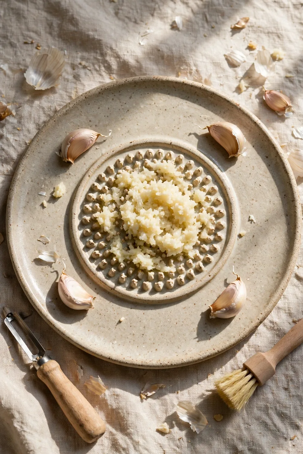One ceramic grater plate with garlic, a peeler and a small brush beside it