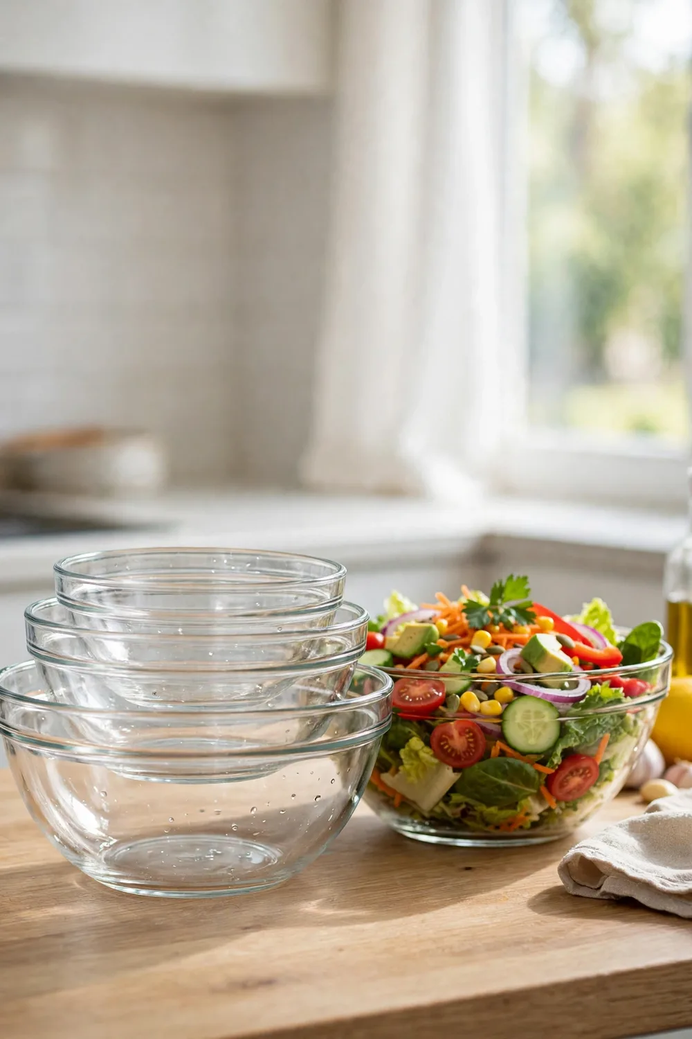 Three glass mixing bowls nested together