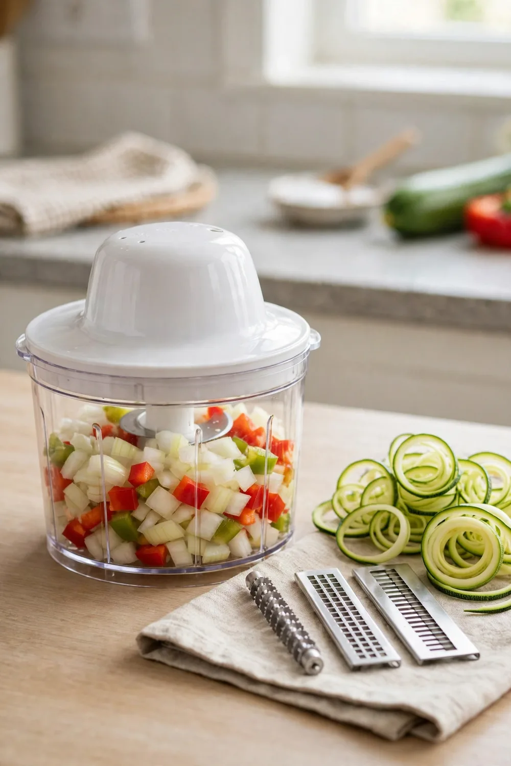 A vegetable chopper with spiralizer blades and diced vegetables in its container