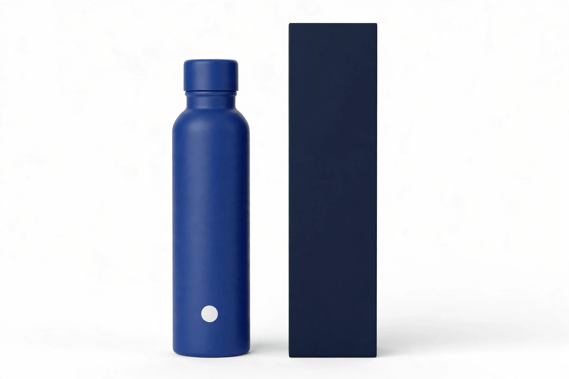 Slim matte royal-blue stainless steel bottle beside a tall dark-navy box