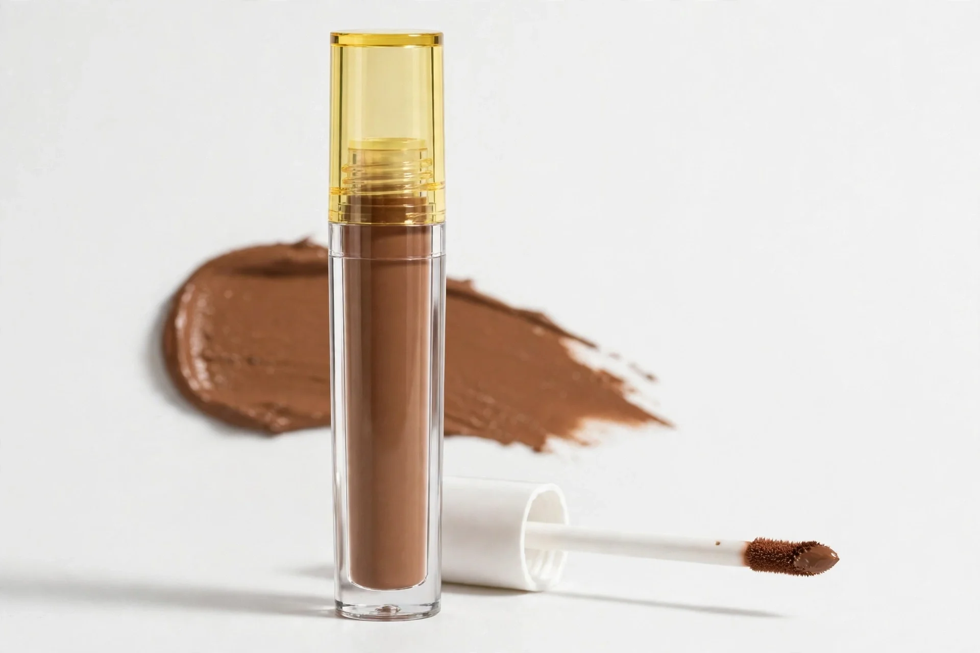 Tall clear tube of brown concealer with translucent yellow caps, a white applicator wand, and a brown smear behind it