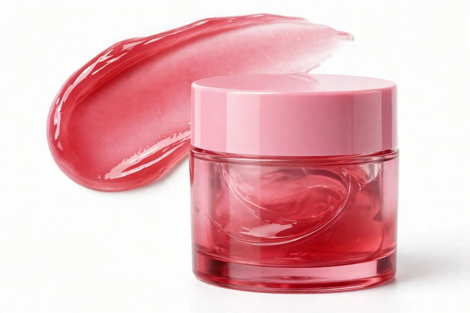 Pink lip mask jar with a pink lid and a glossy pink smear of product behind it