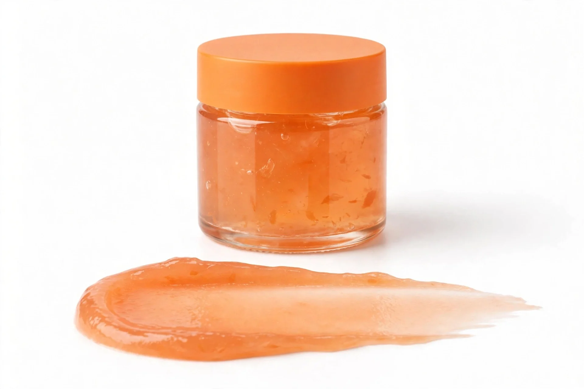 Small translucent orange peach jar with an orange lid, in front of a peach-colored smear swipe