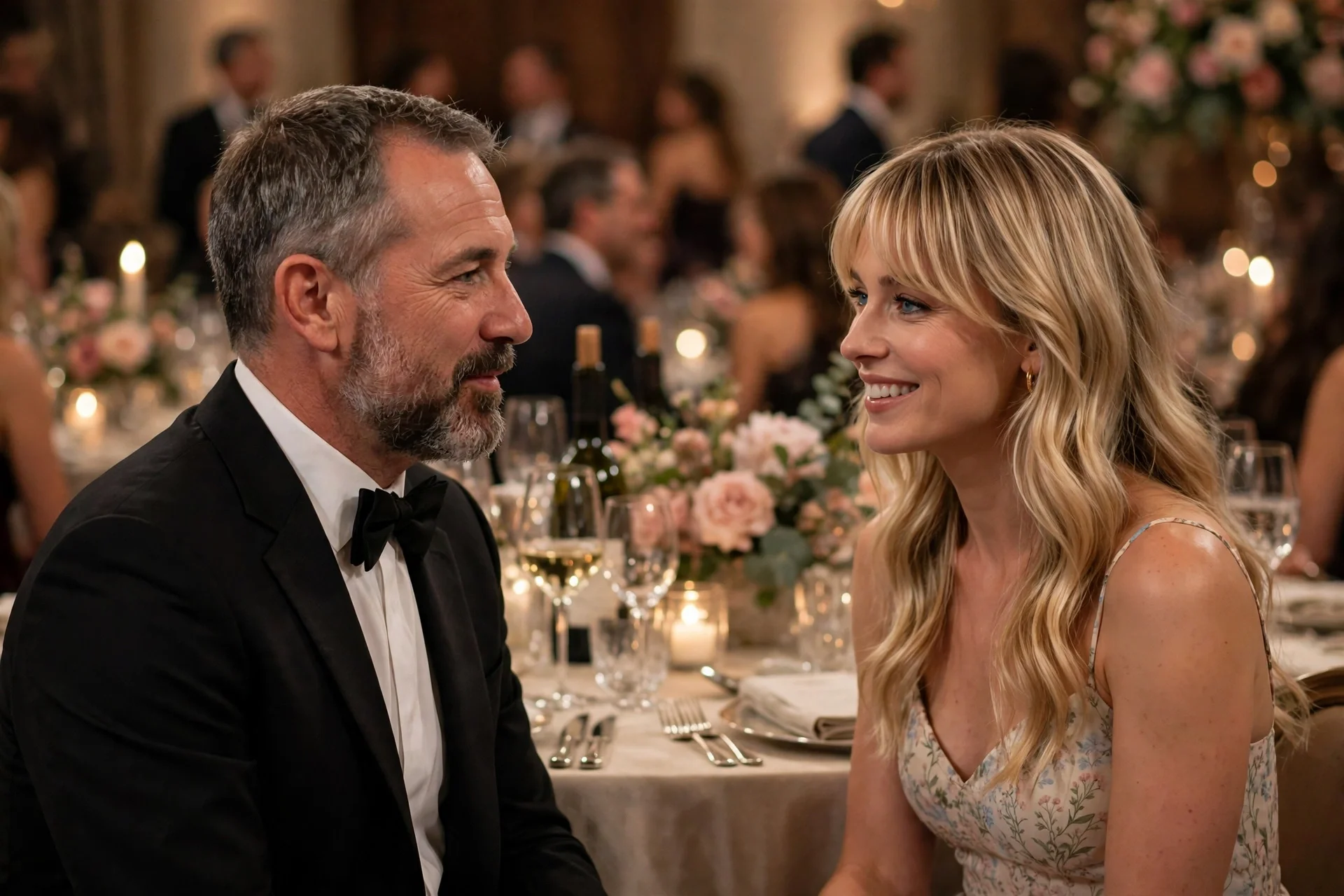Cooke Maroney and Jennifer Lawrence seated together at a formal awards dinner table