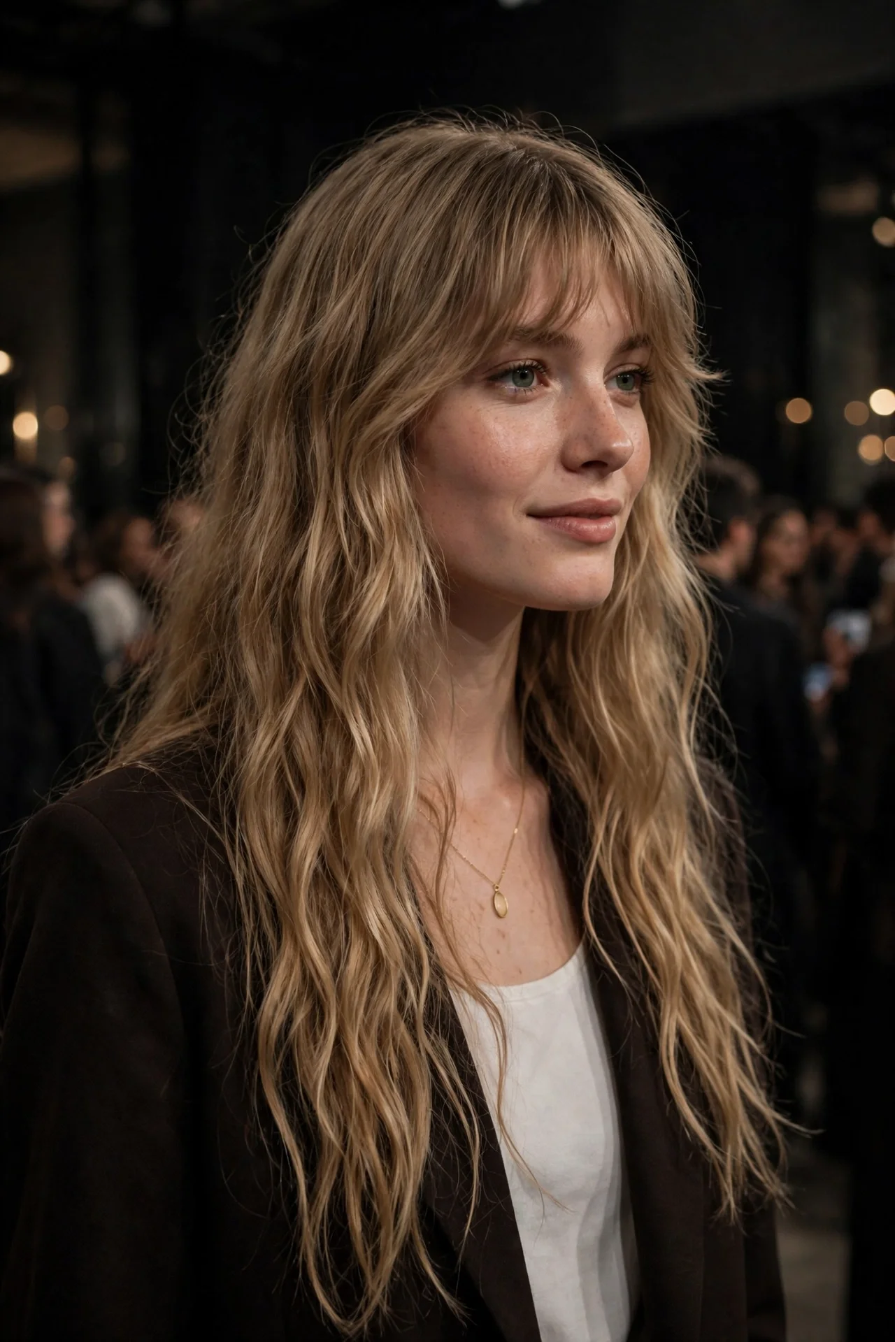 Jennifer Lawrence at a fashion show, wearing a dark blazer over a white top with a fine gold pendant necklace