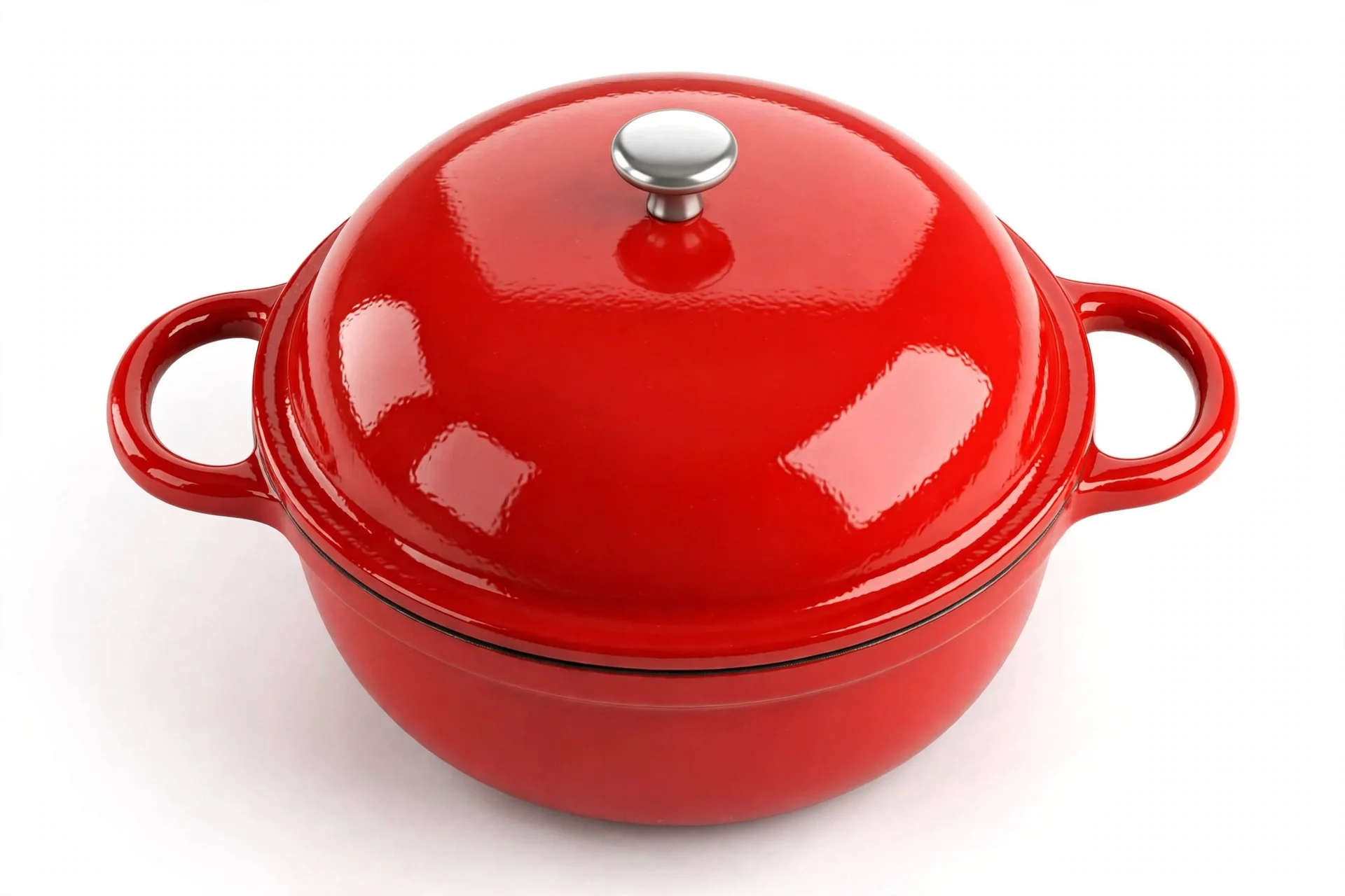 Glossy bright red round lidded cast iron bread oven with a silver knob