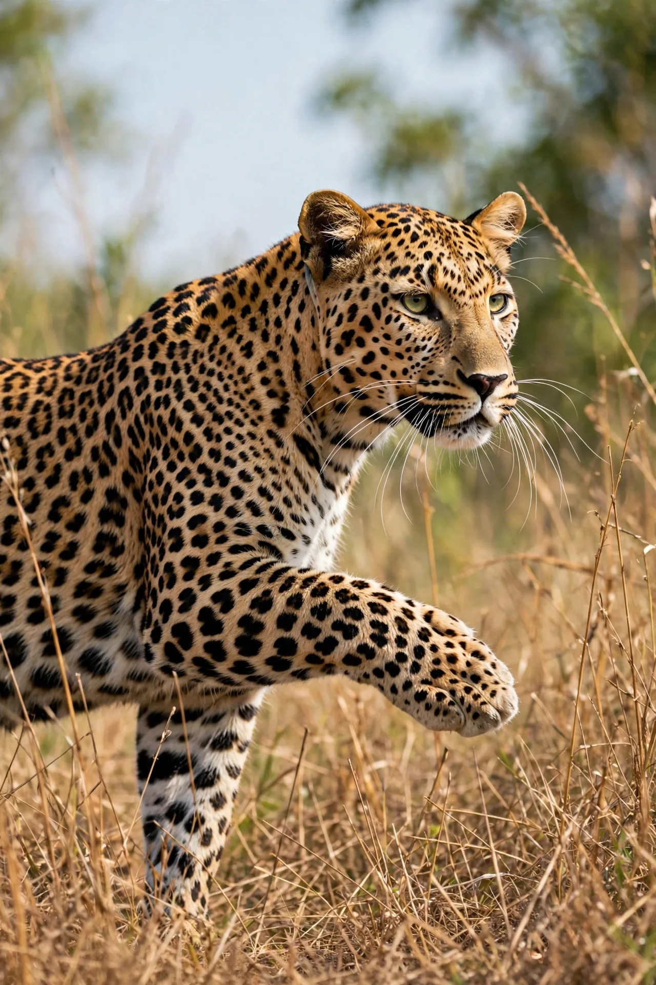 Leopard walking through tall dry grass