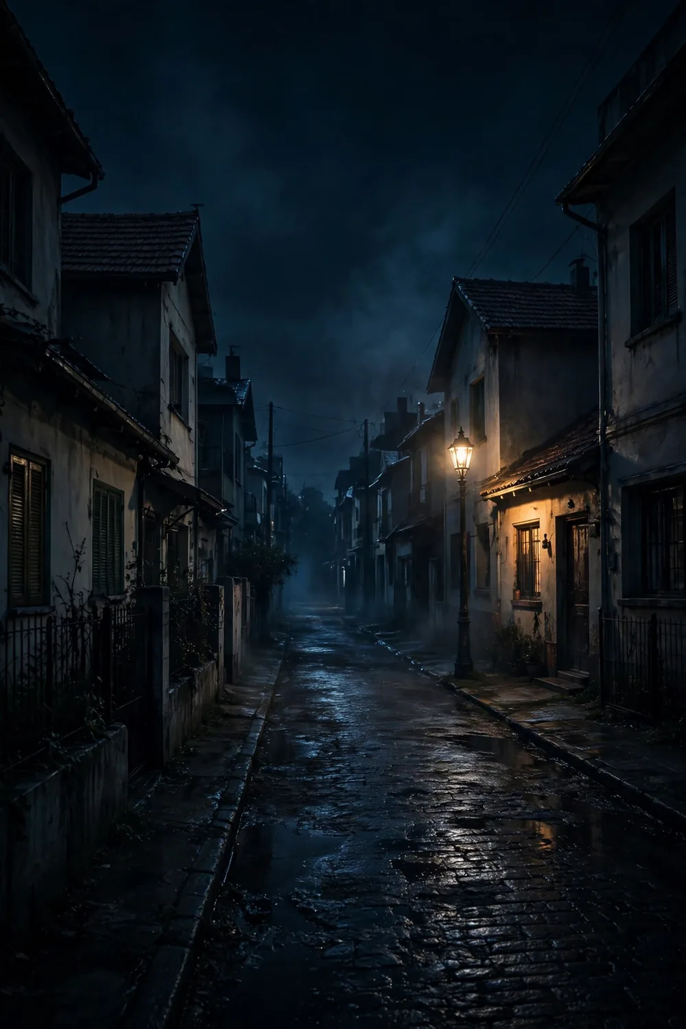 A dark suburban street at night with one house lit by a flickering lamp