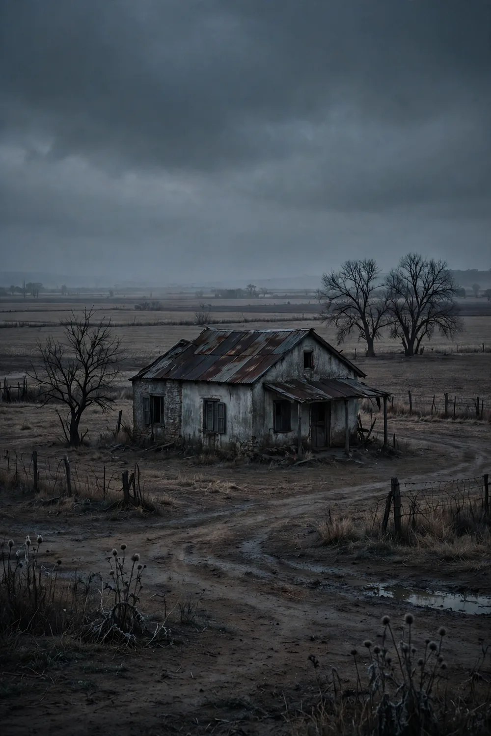 A bleak rural farmhouse at dusk under a heavy grey sky
