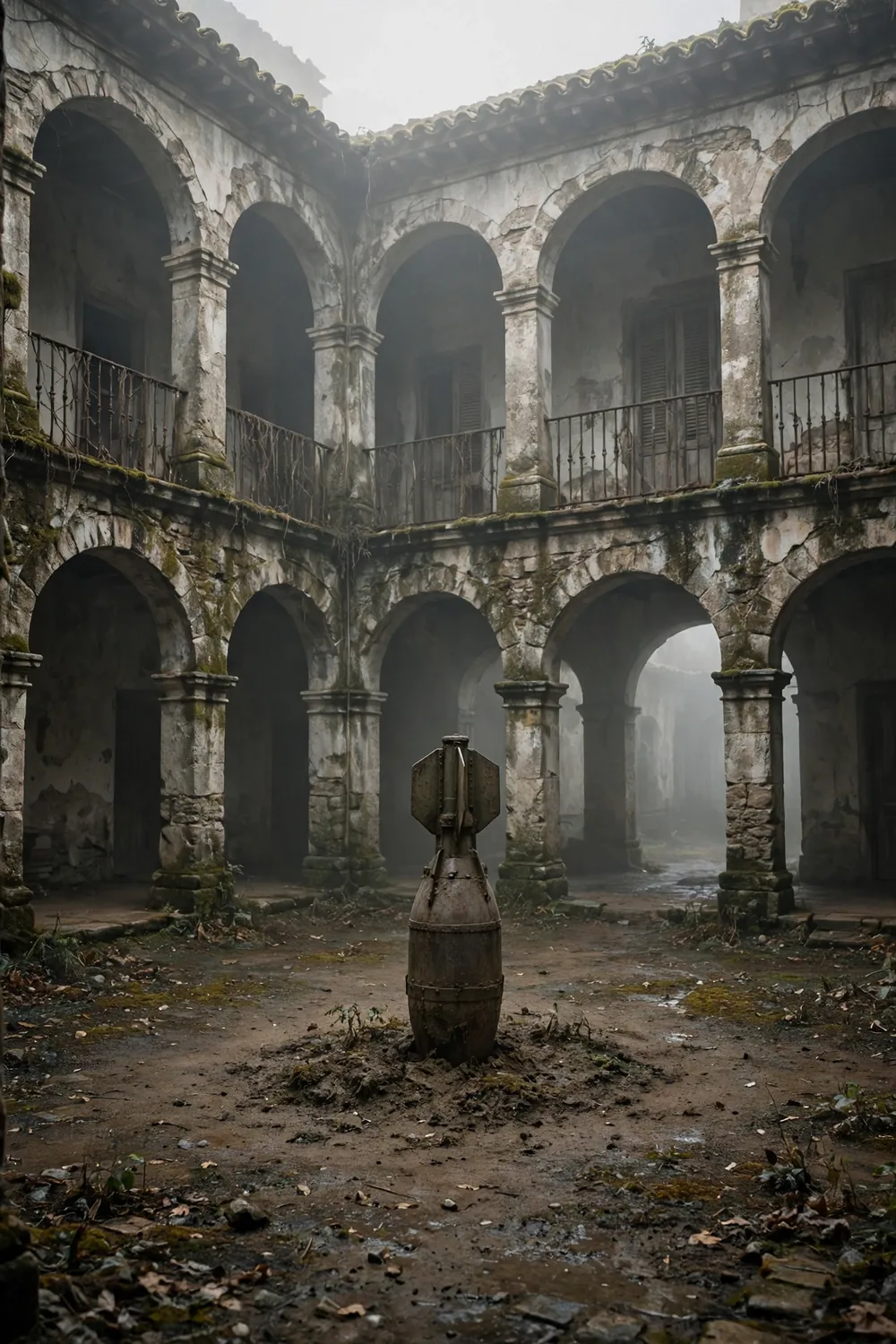 An old orphanage courtyard with an unexploded bomb standing upright