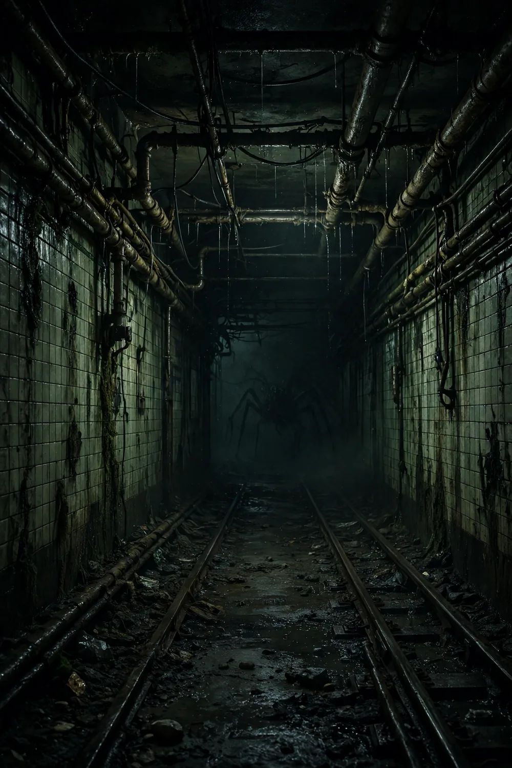 A dark subway tunnel with something huge moving in the shadows