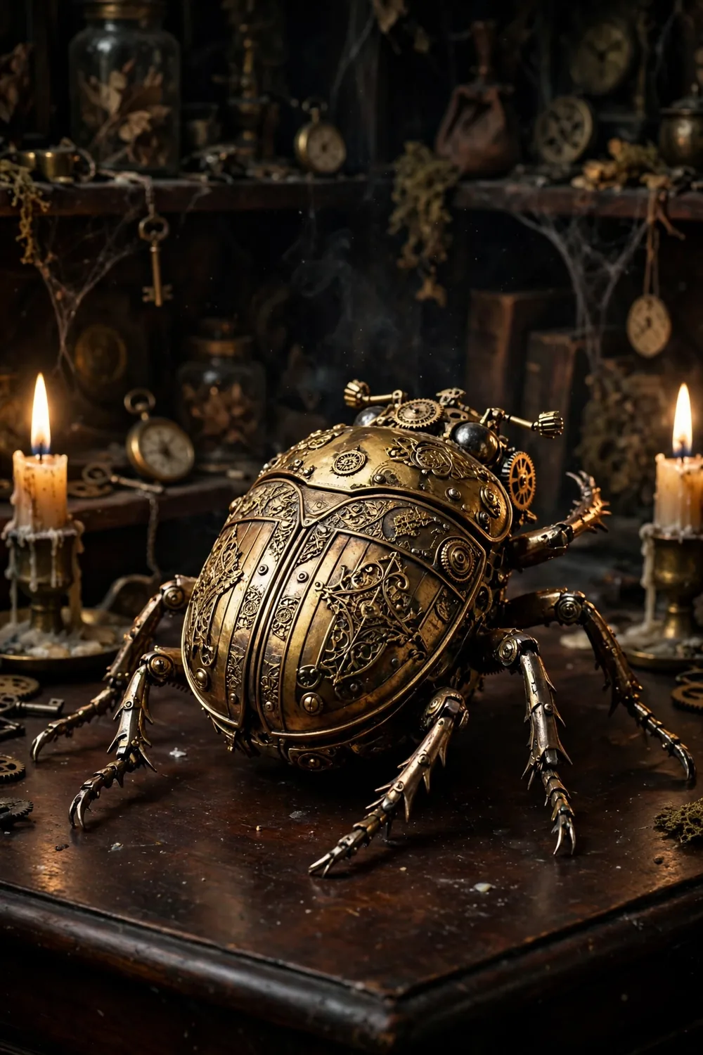 An ornate golden mechanical scarab device on a dark wooden table