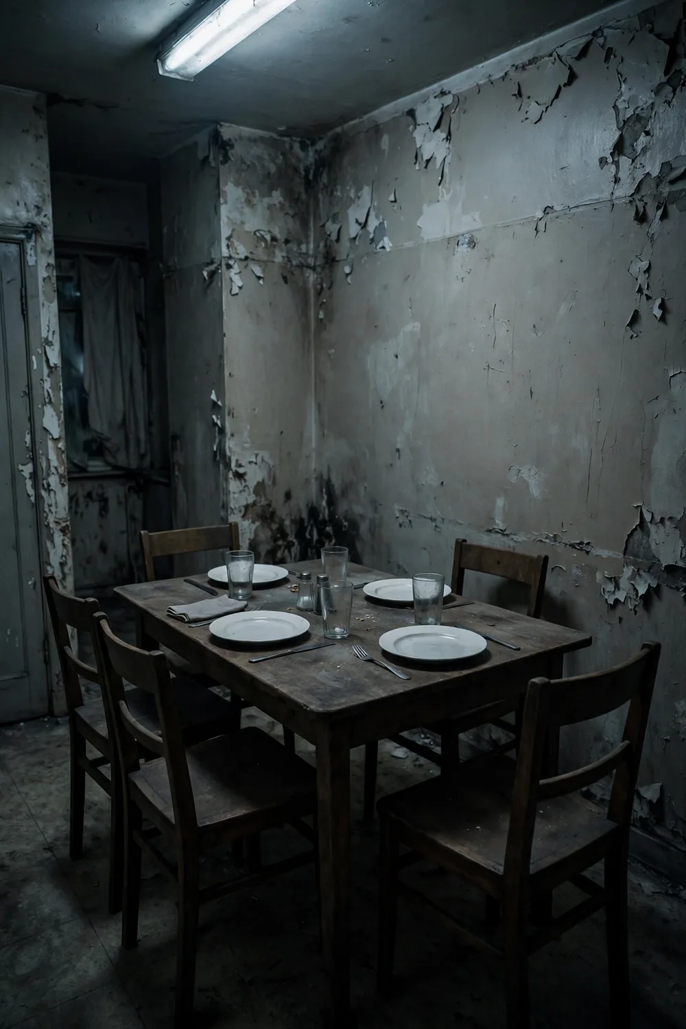 A stark family dinner table in a dim Mexico City apartment