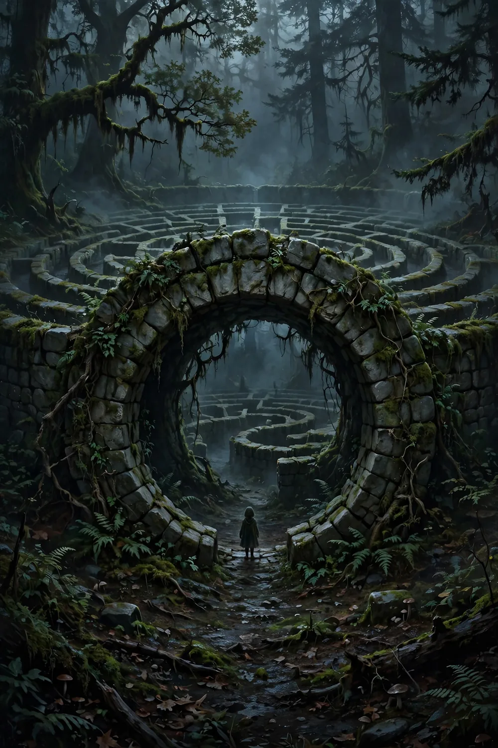 A stone labyrinth entrance in a misty ancient forest