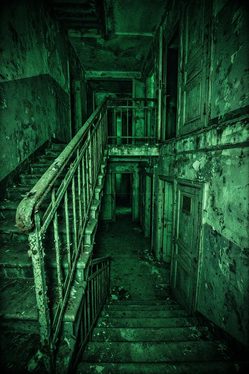 A dark apartment stairwell seen through green night-vision