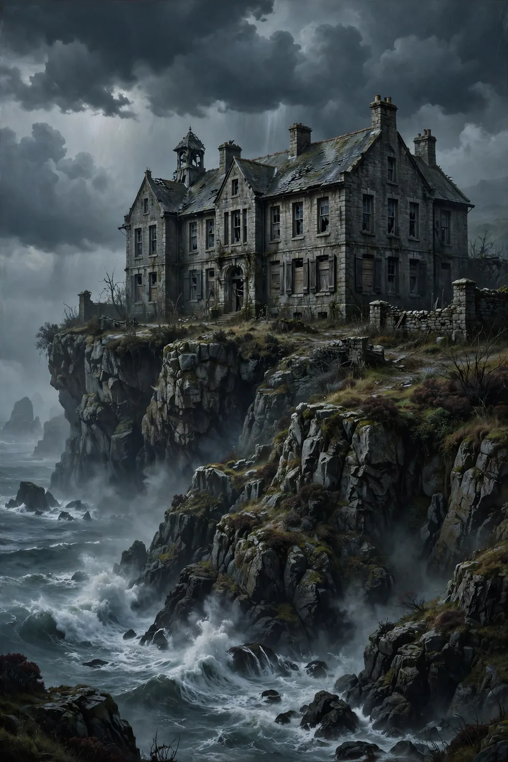 A grand old orphanage house on a cliff above a grey sea