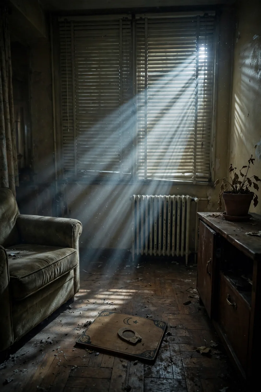 A dim Madrid apartment with a Ouija board on the floor in eclipse light