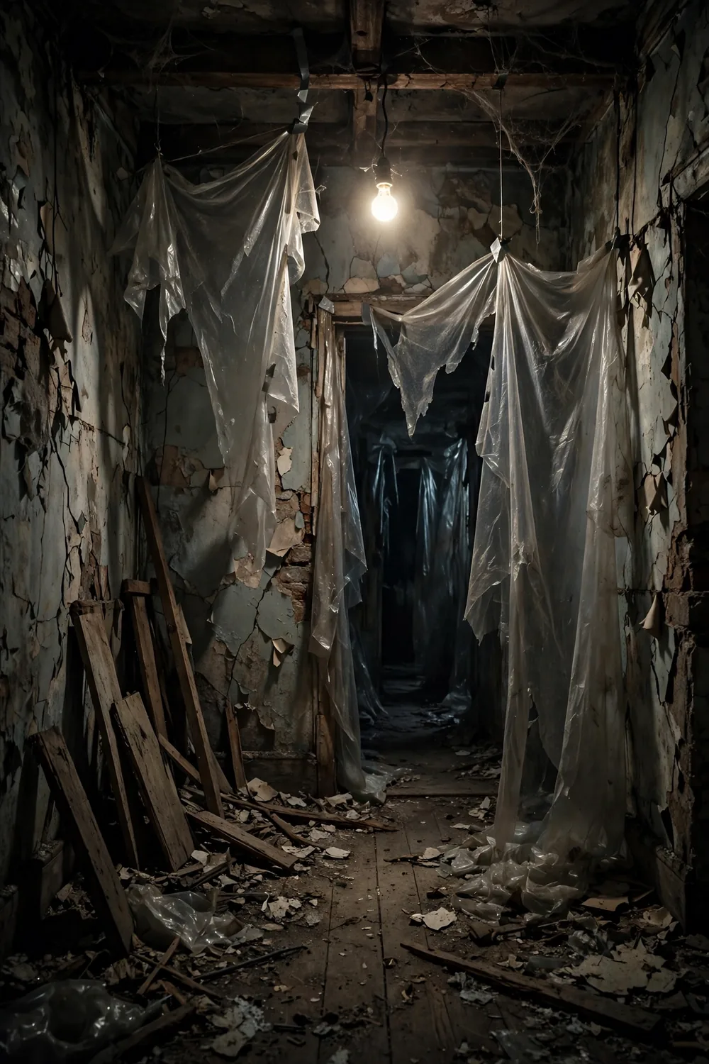 An old house under renovation with peeling walls and a single hanging bulb