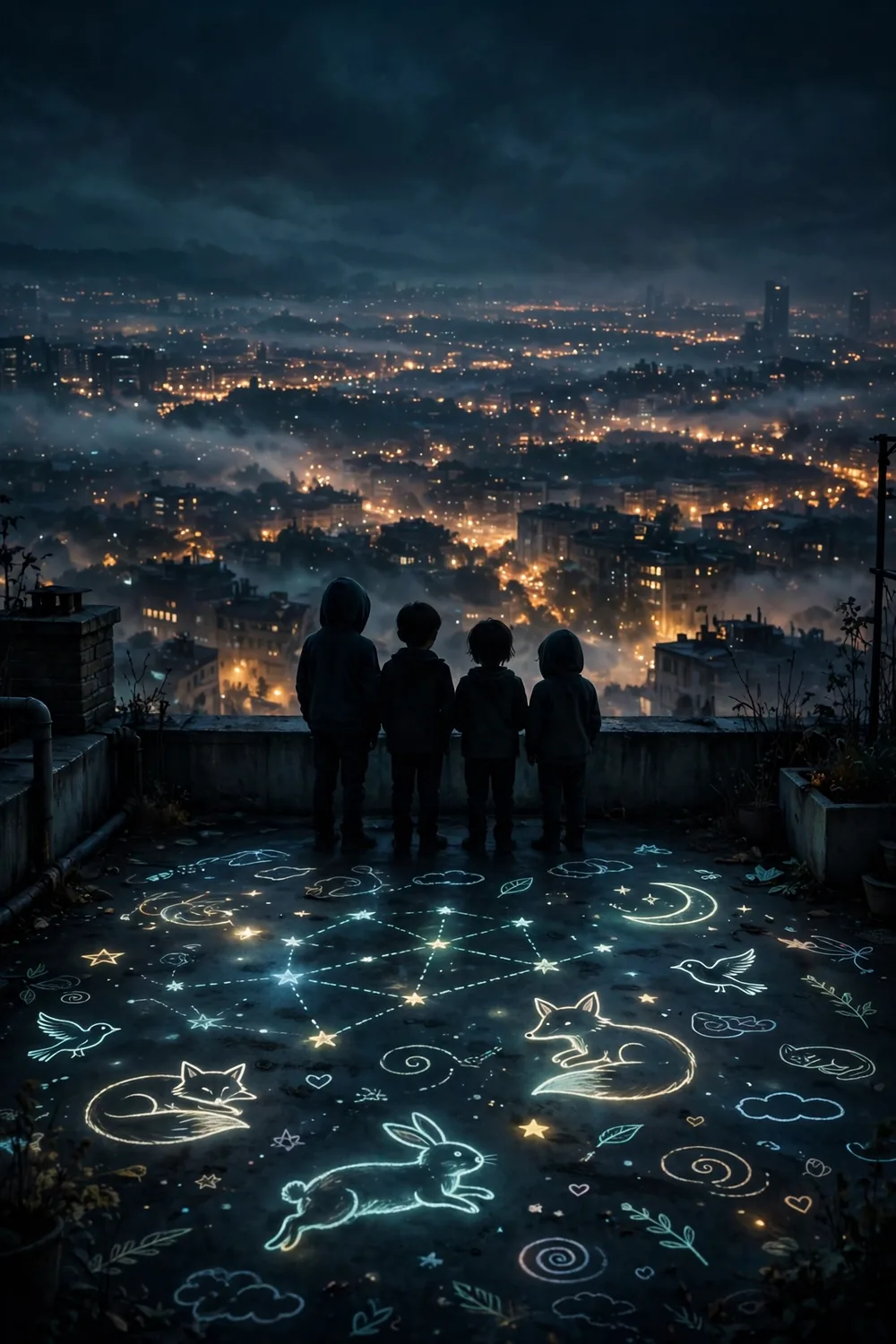 Children silhouetted on a rooftop above a city at night