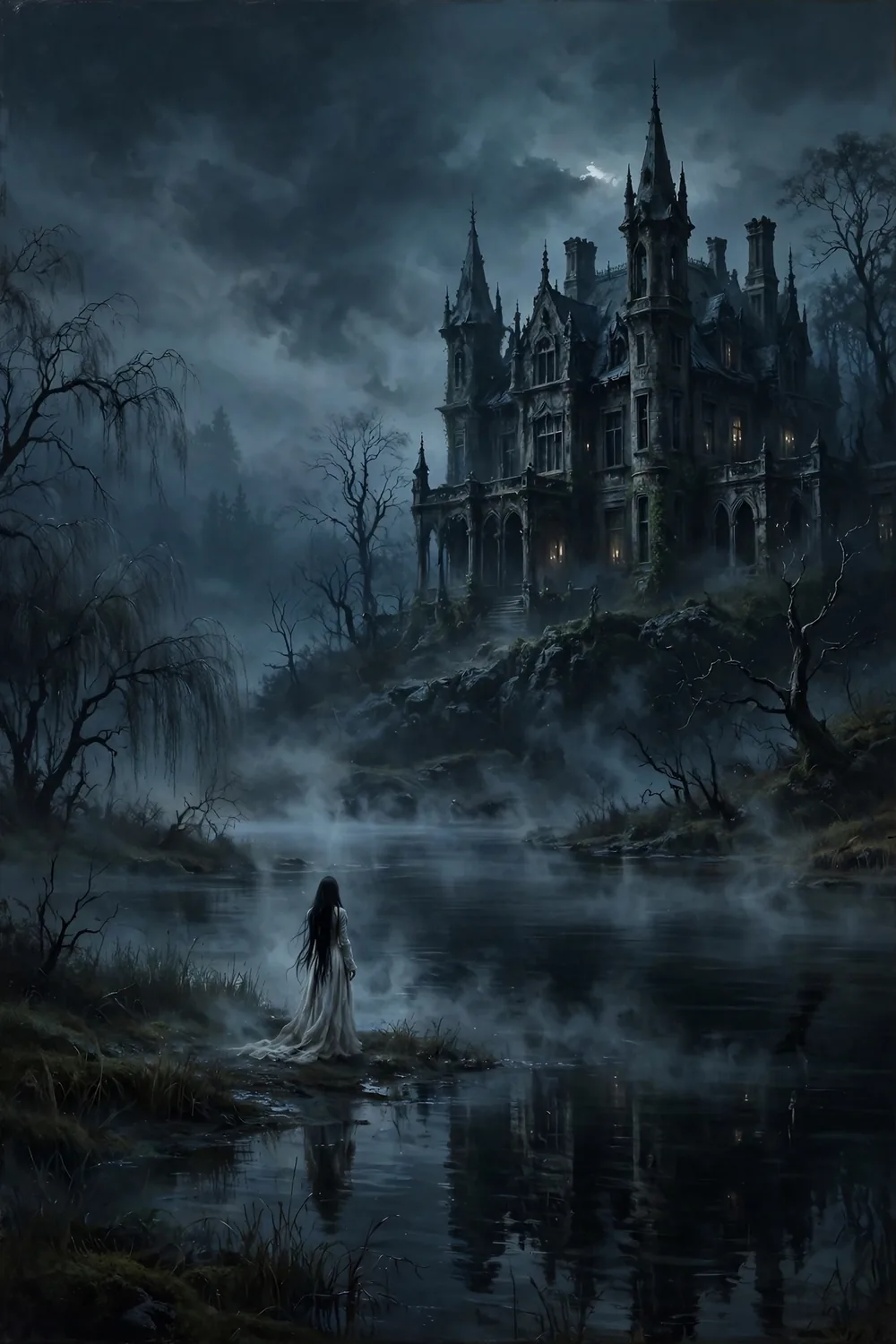 A grand mansion at night with a weeping woman figure near water