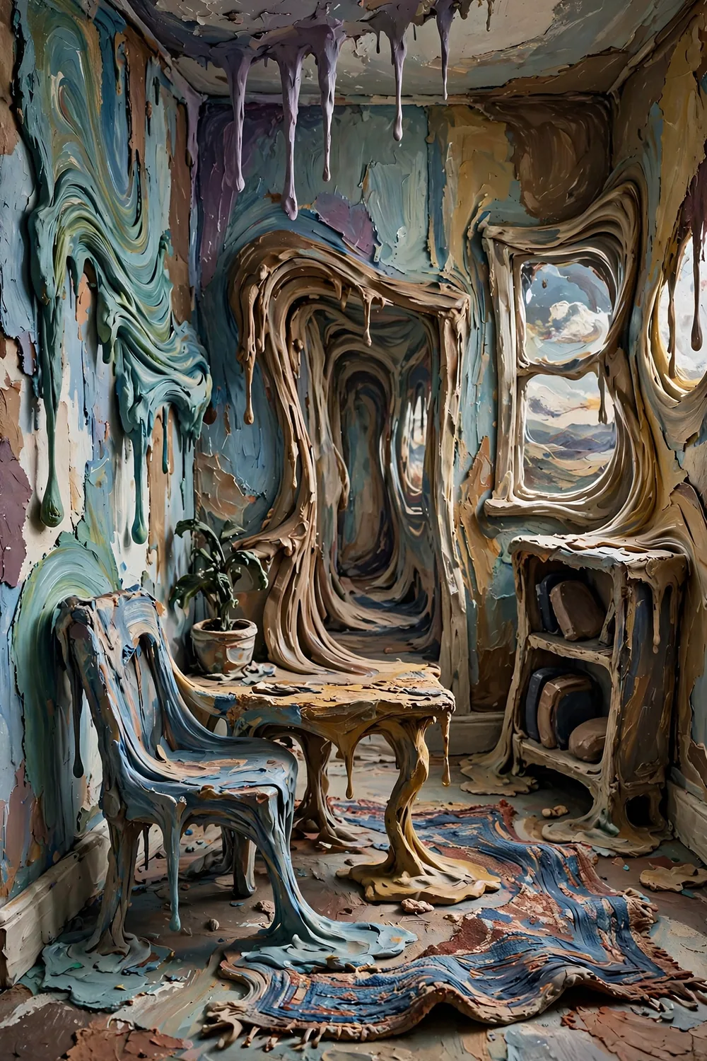 A surreal hand-painted house interior that seems to melt and shift