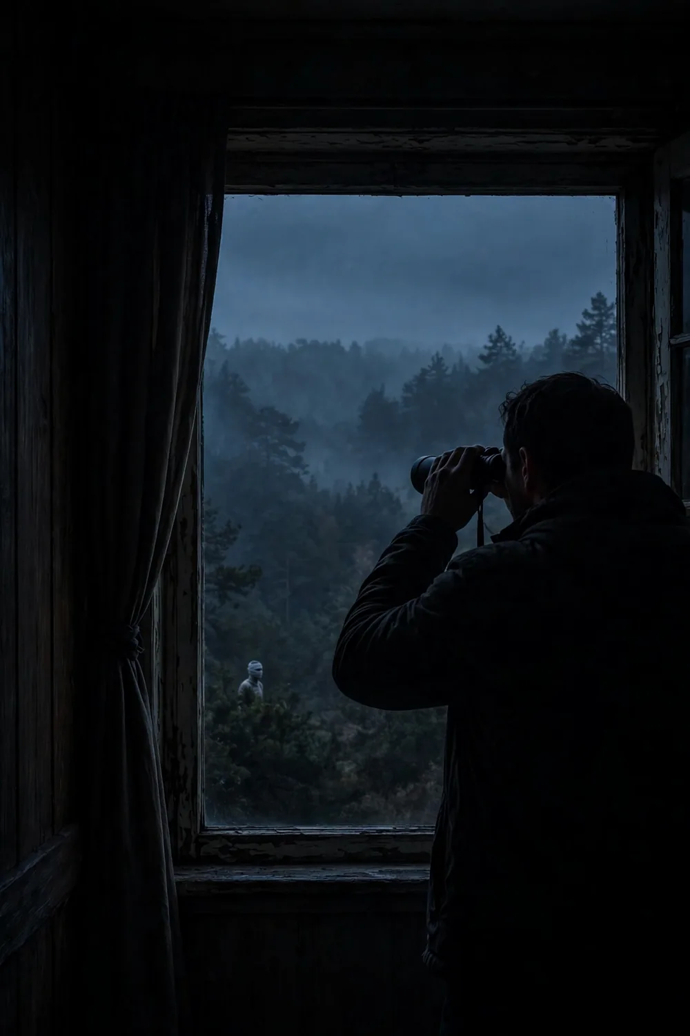 A man with binoculars at a window overlooking dark woods at dusk