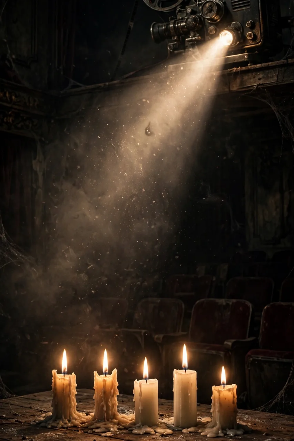 A vintage film projector beam and candles in a dark old cinema