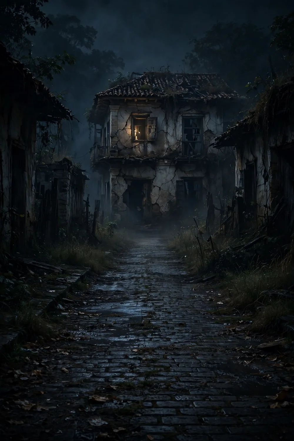 A dilapidated colonial house at the end of a long dark street