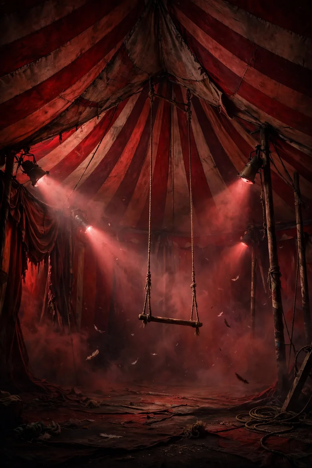 A surreal vintage circus tent interior in saturated reds