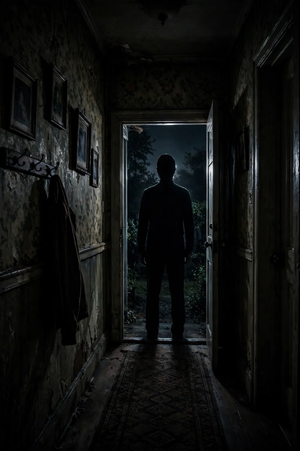 A shadowy faceless figure standing in a doorway of a home at night