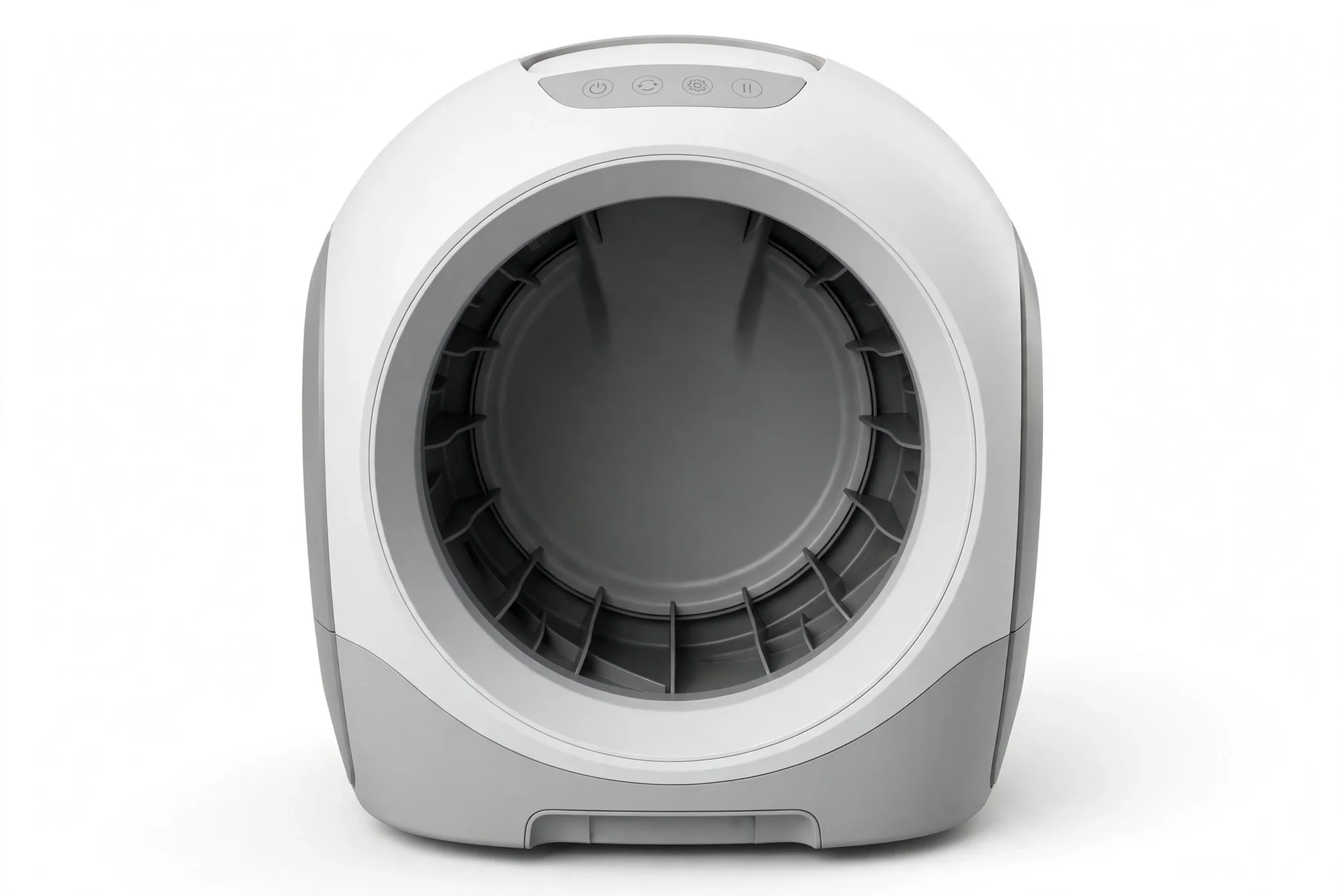 Large premium automatic litter robot in white and gray with a big circular opening and a top control panel