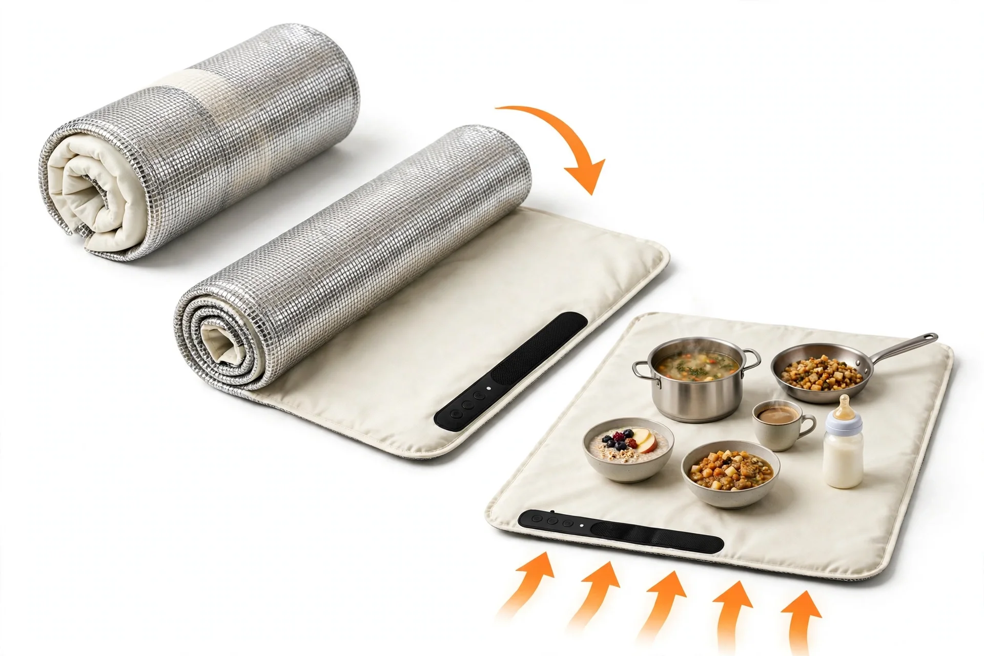 Cream rollable warming mat shown rolled, partly unrolled, and flat holding dishes of food