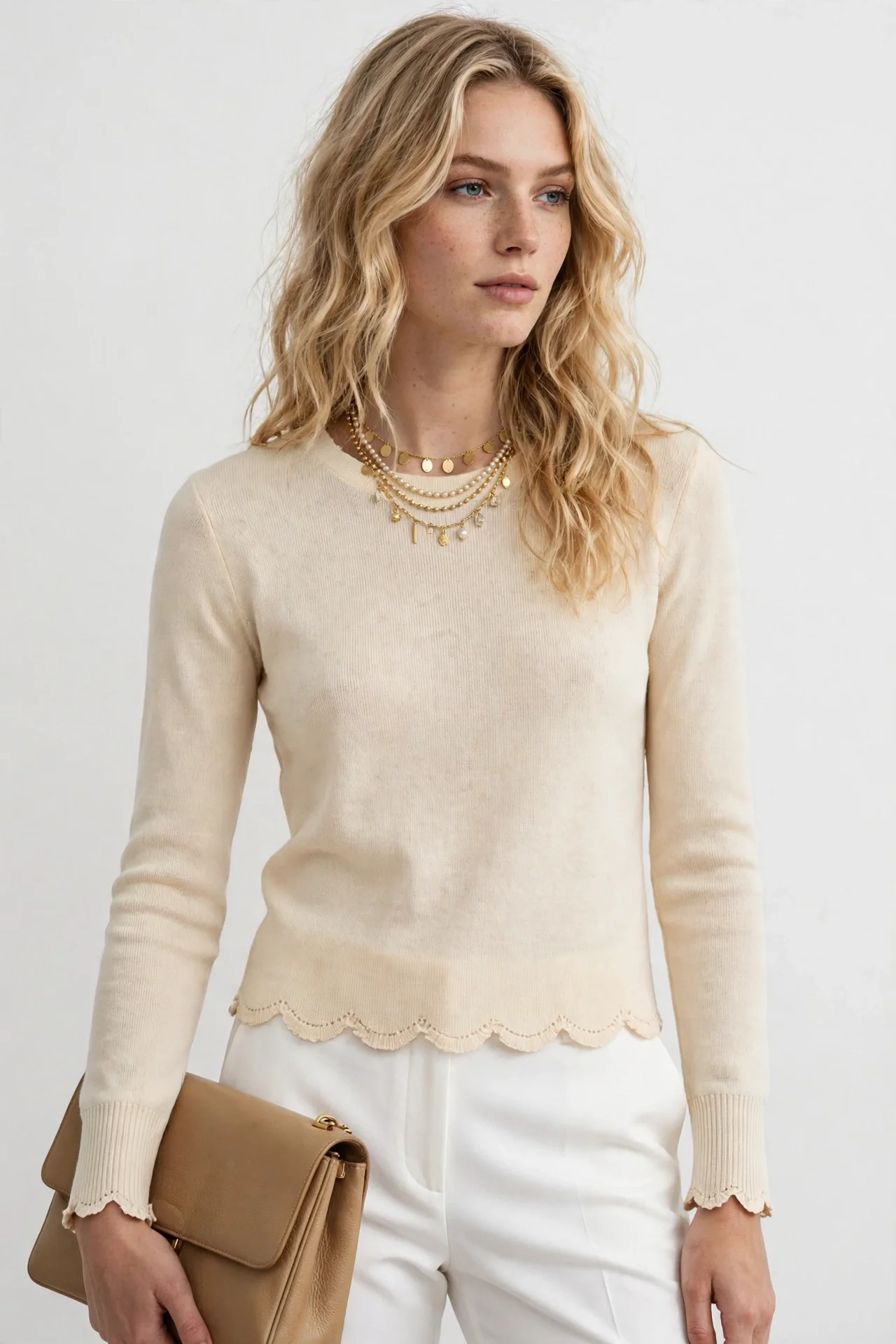 Pale cream round-neck sweater with scalloped hem and cuffs, worn with white trousers and a tan clutch