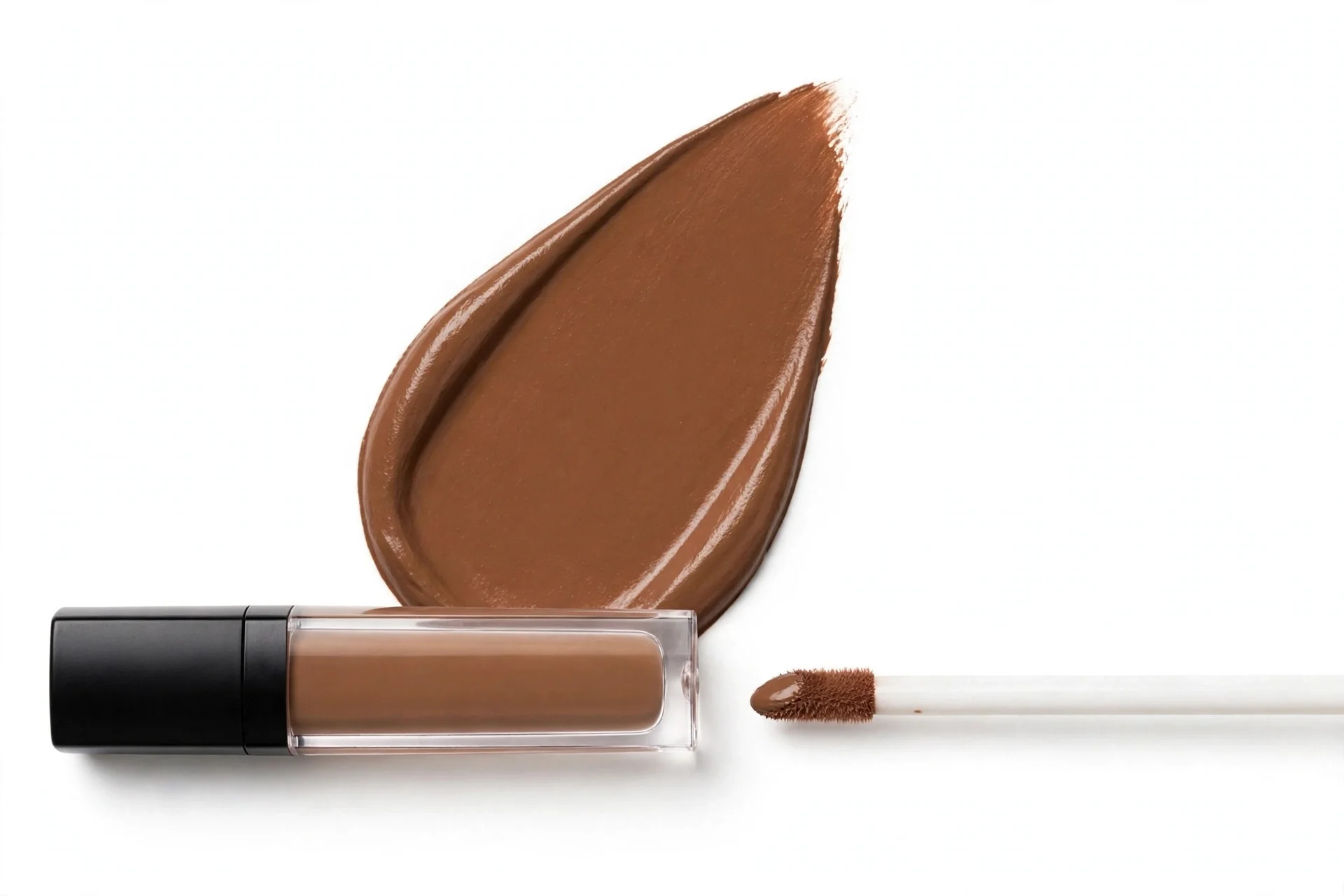 Clear tube of brown concealer with black caps, a white applicator wand with a brown tip, and a large brown teardrop swatch behind them