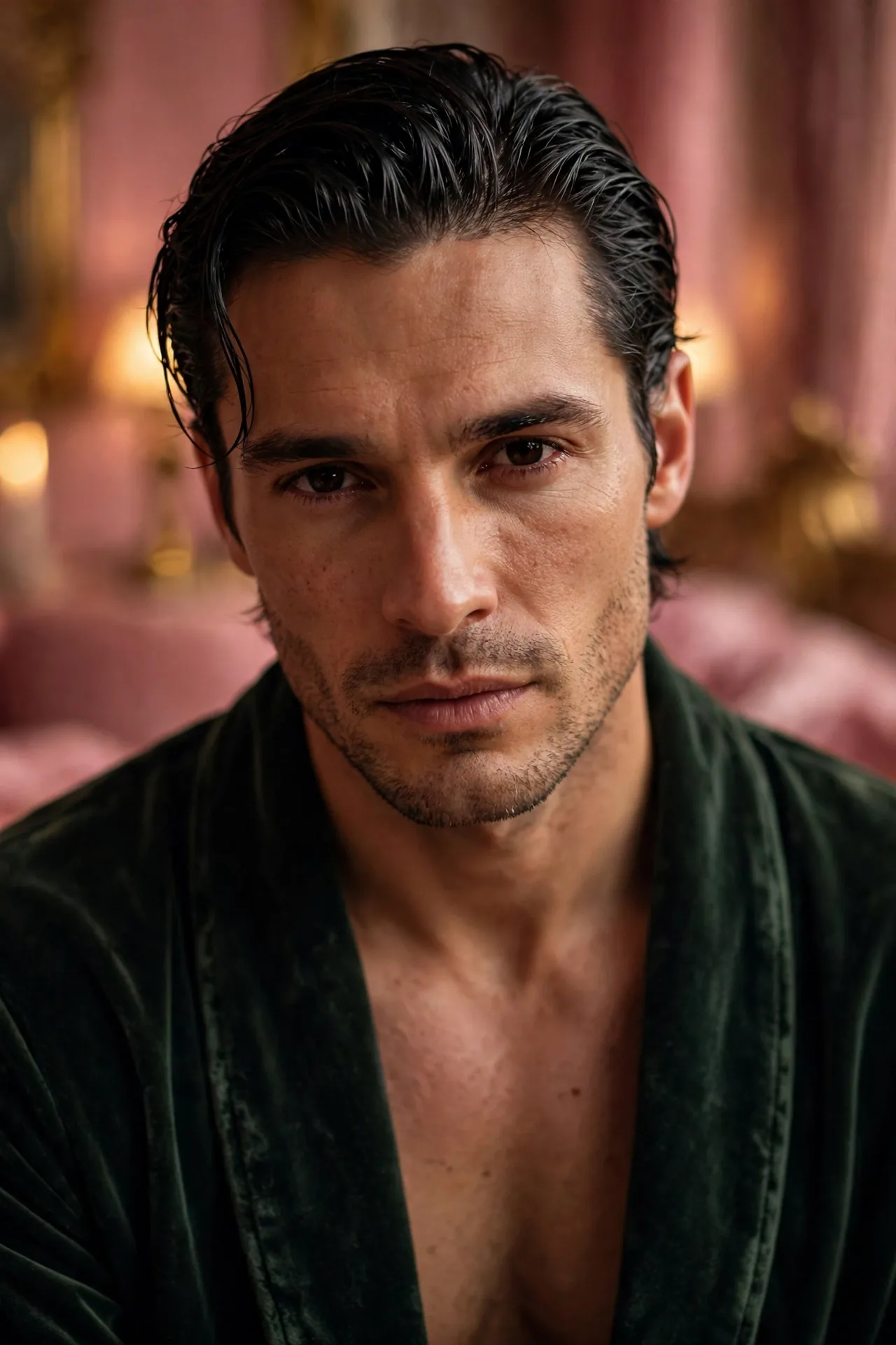 Chase Mattson in a dark green robe looking directly at the camera