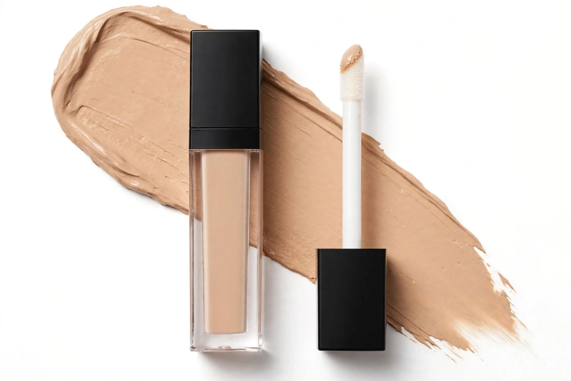 Clear rectangular tube of beige concealer with black caps, a white applicator wand, and a diagonal beige swatch behind it