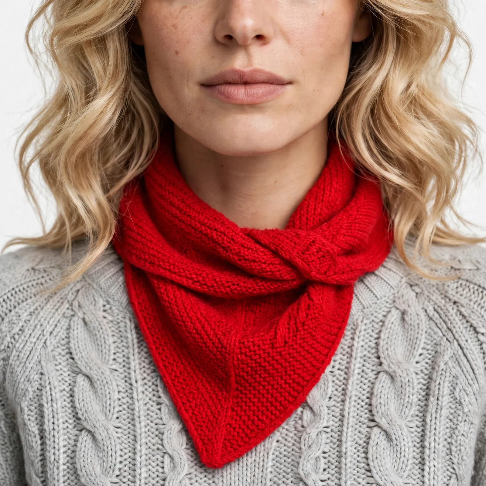 Woman wearing a bright red knit triangle scarf tied at the front over a light-grey sweater