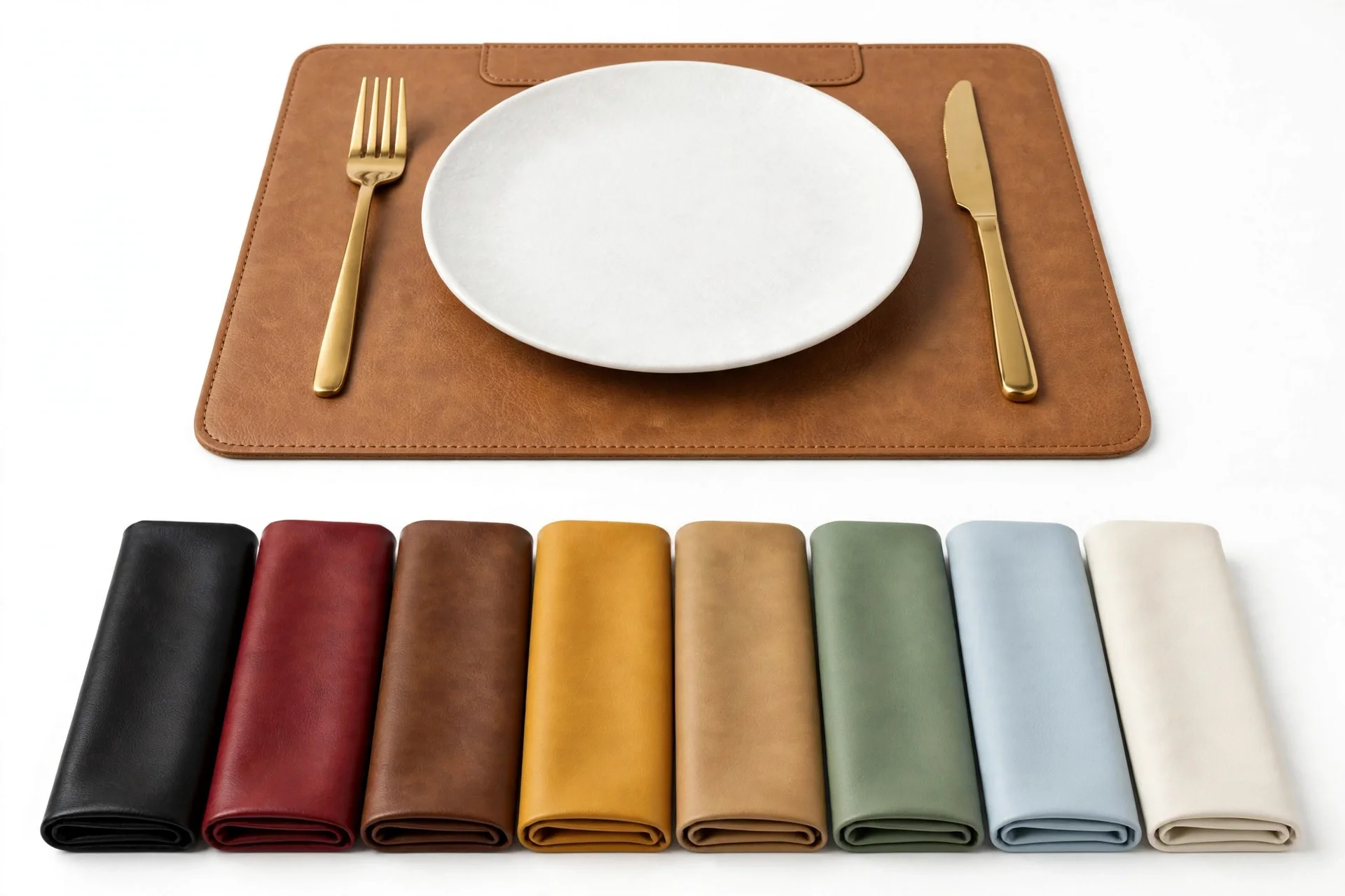 Brown leather-look placemat with a white plate and gold cutlery, above a row of placemats in eight colours