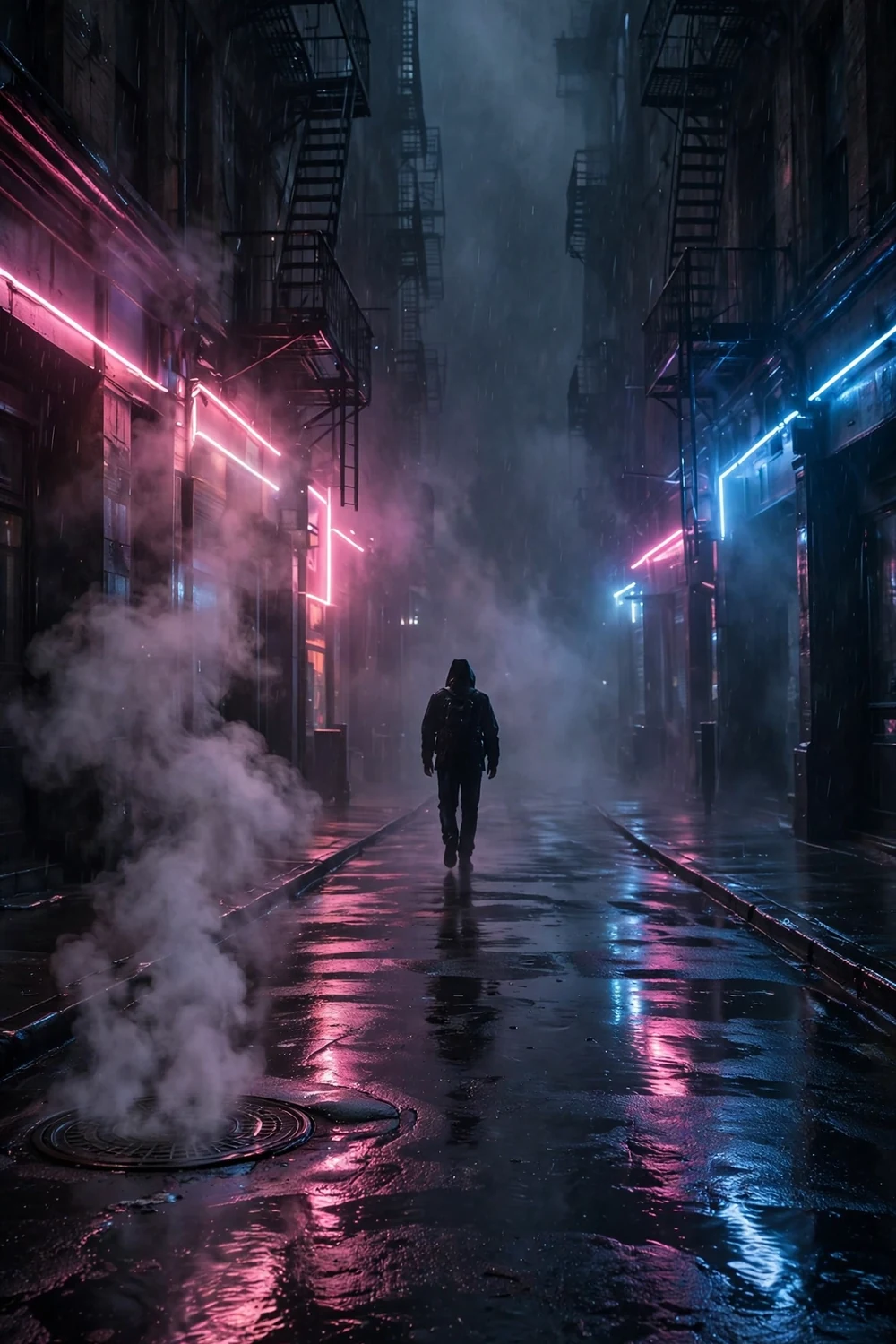 A moody neon-lit city street at night with a lone silhouetted figure
