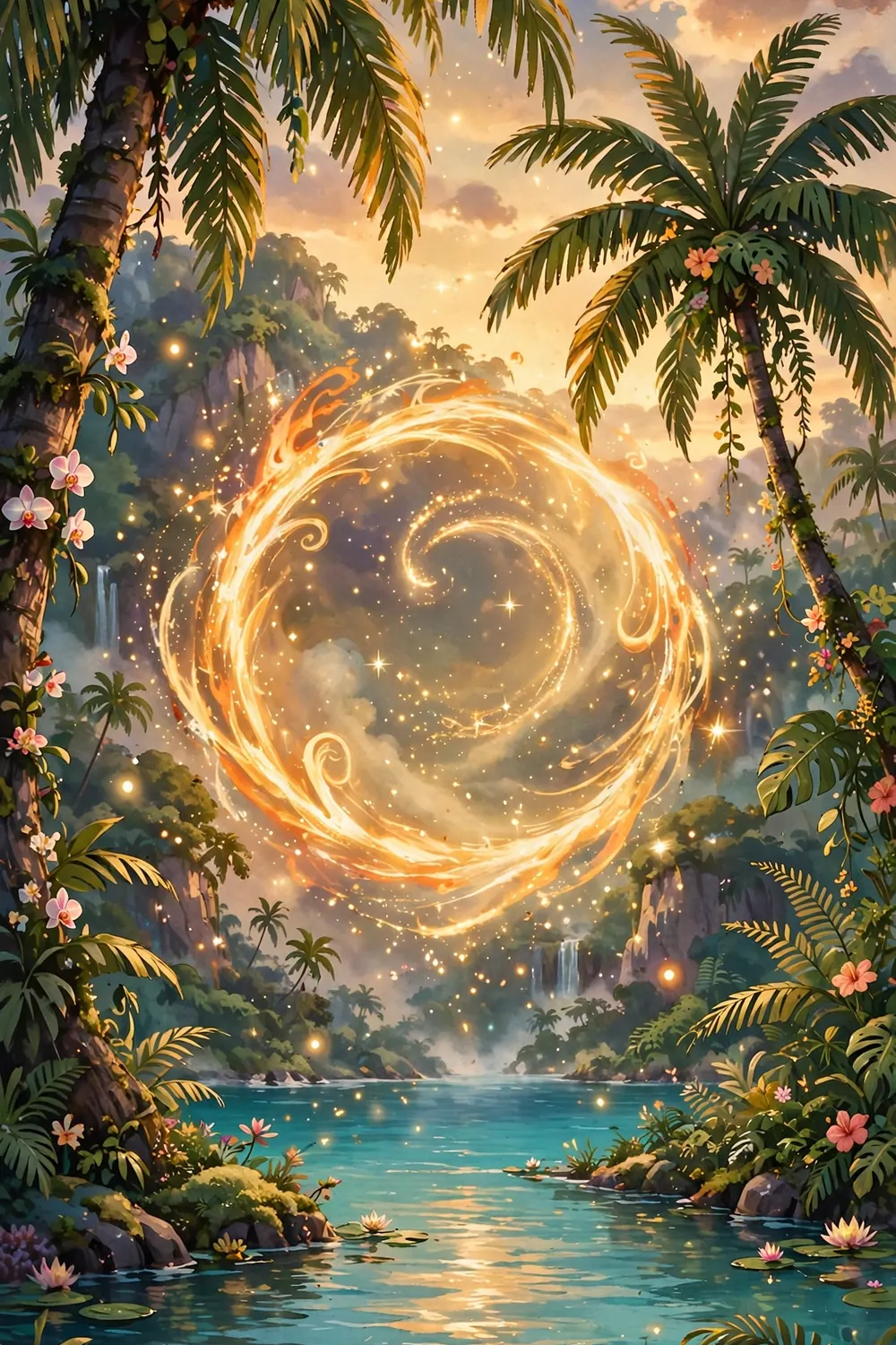 A lush tropical island with a glowing magical portal between the trees