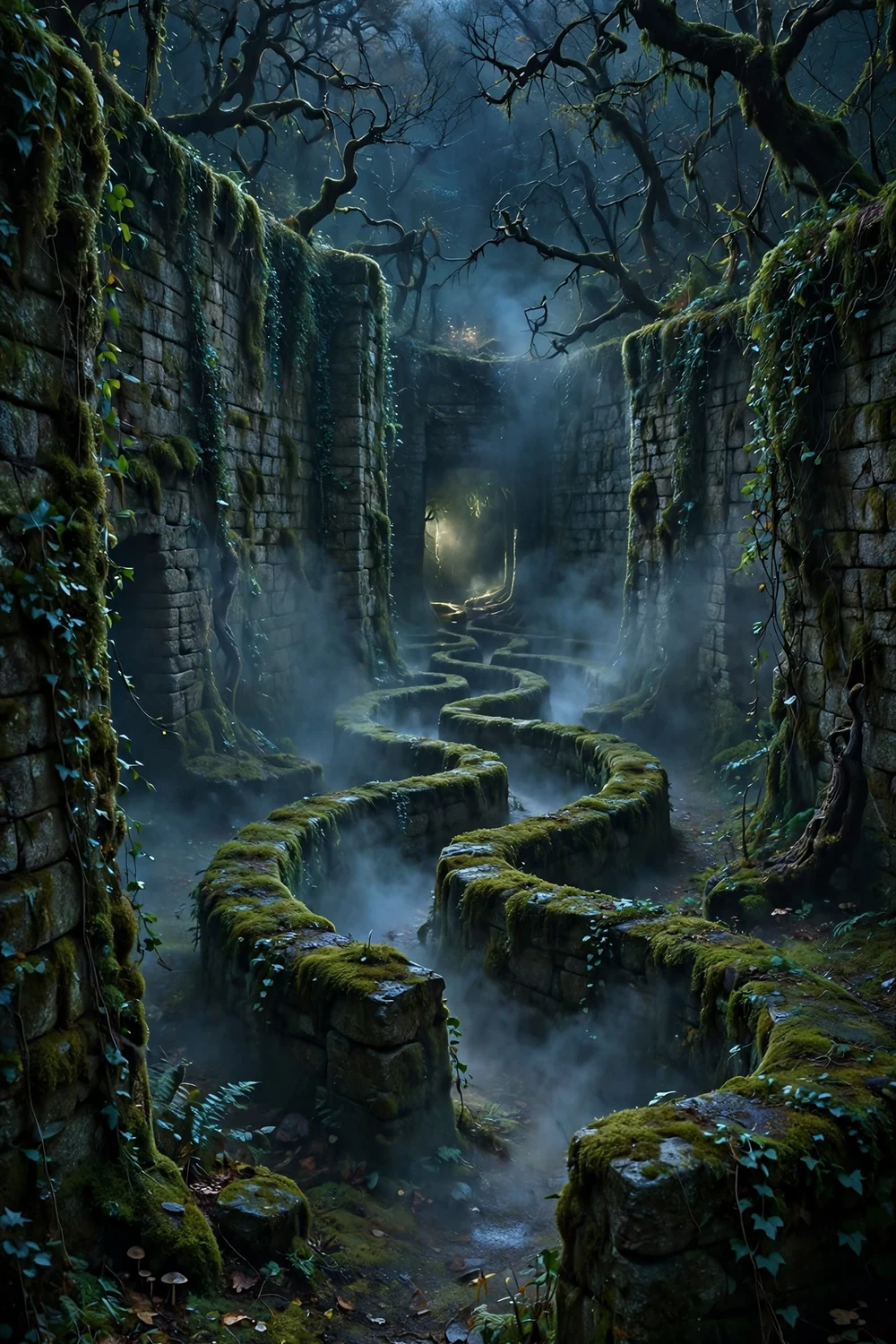 A dark ancient stone labyrinth in a moonlit forest
