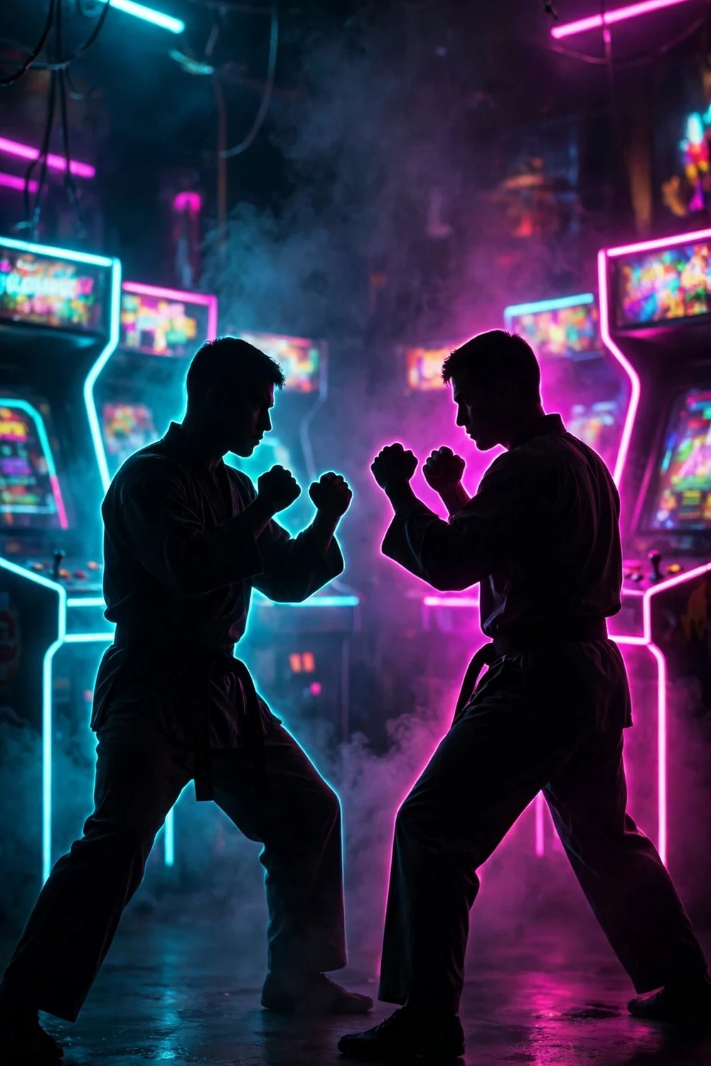 Two martial artists silhouetted in a neon arcade, mid face-off