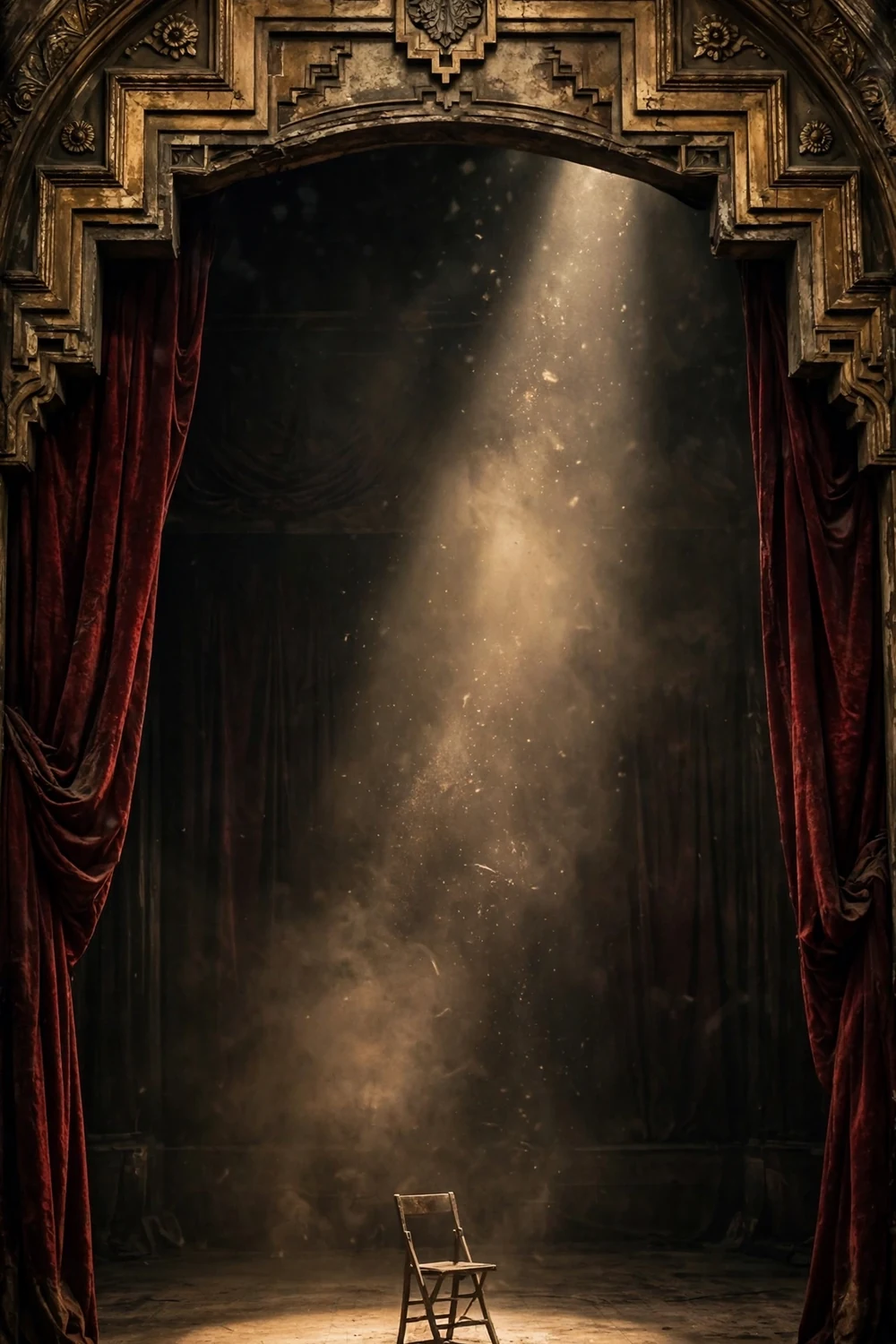 A vintage 1930s theatre stage under a single dramatic spotlight