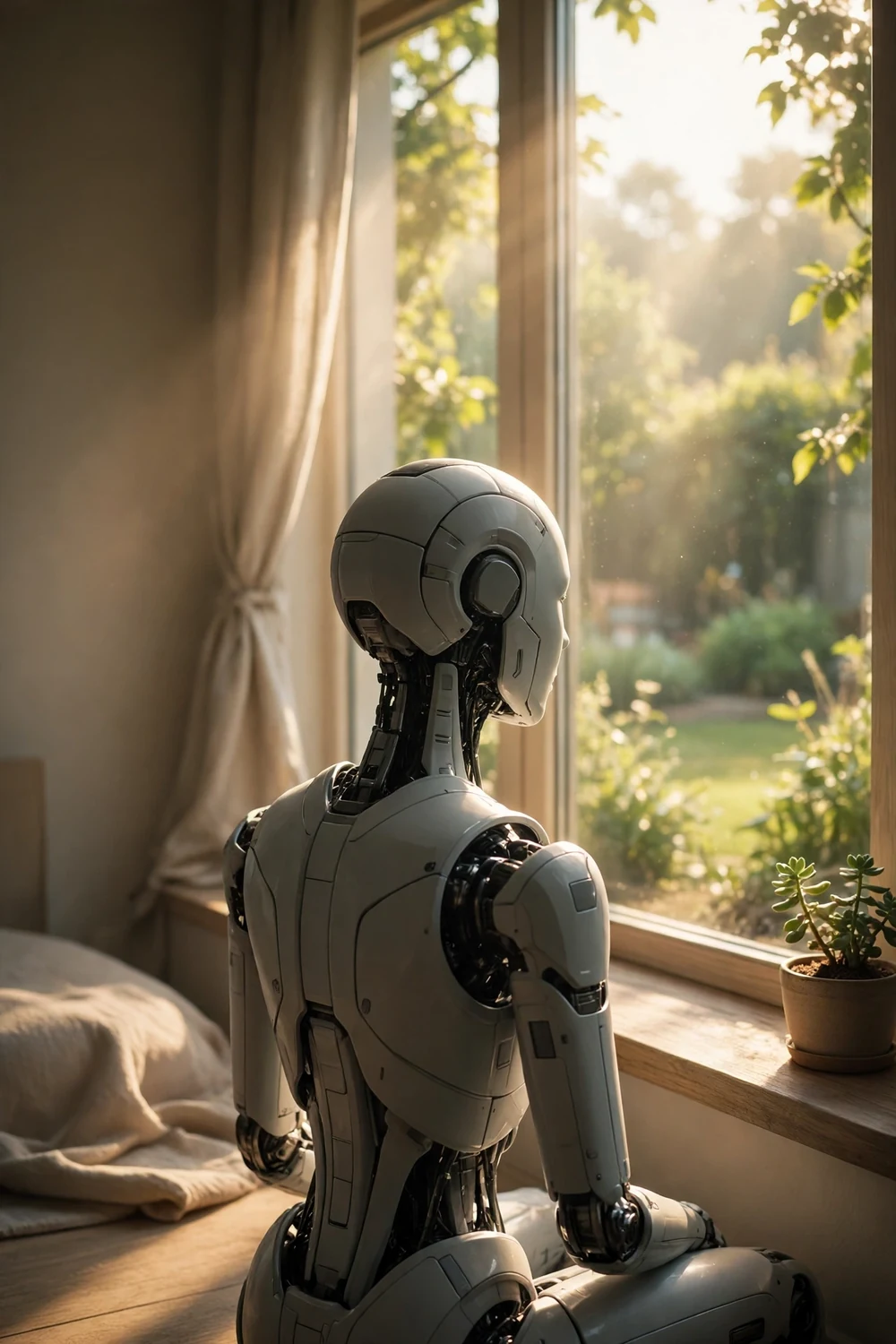 A gentle humanoid robot silhouette gazing out of a sunlit window