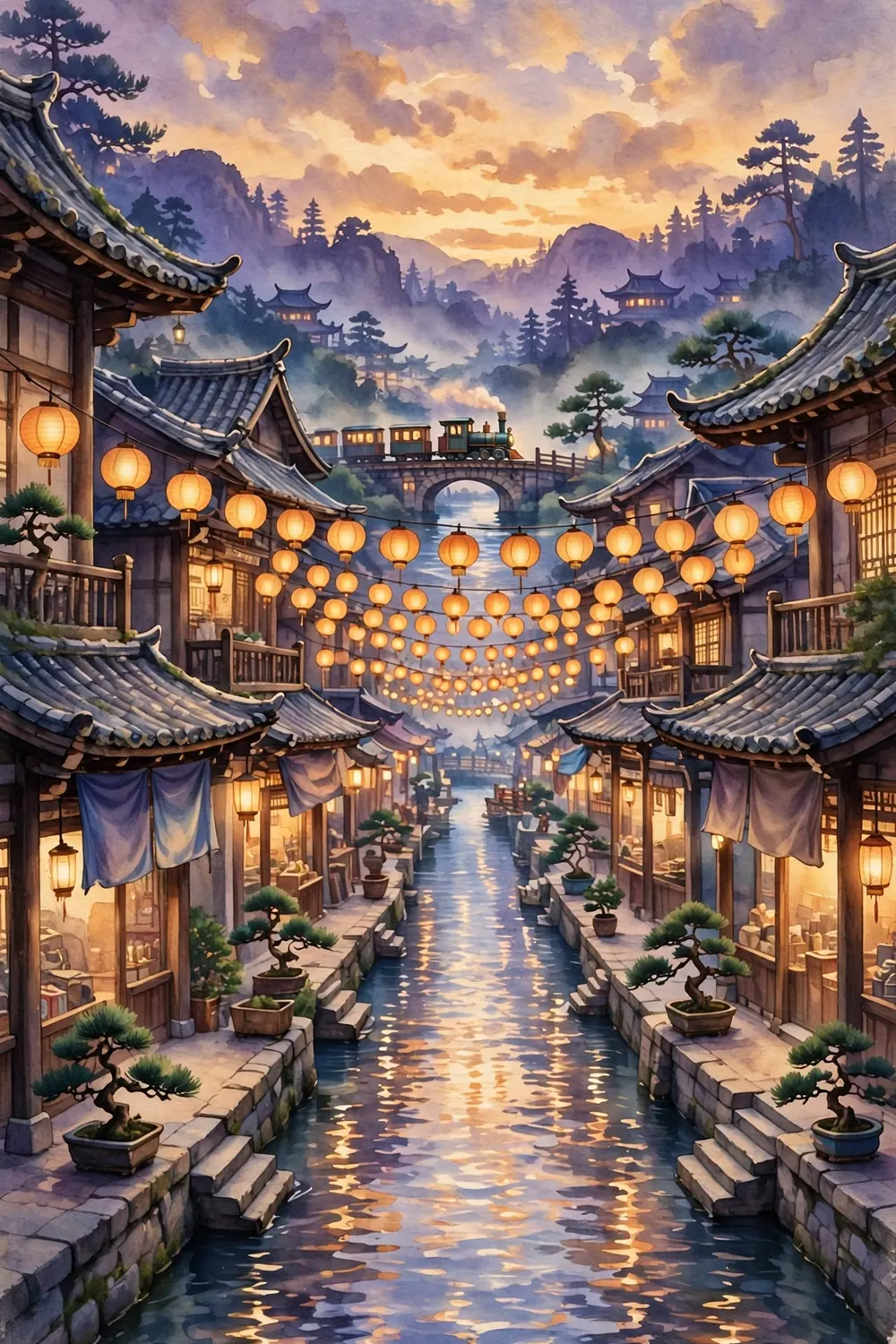 A magical lantern-lit fantasy town at dusk with a small train crossing water
