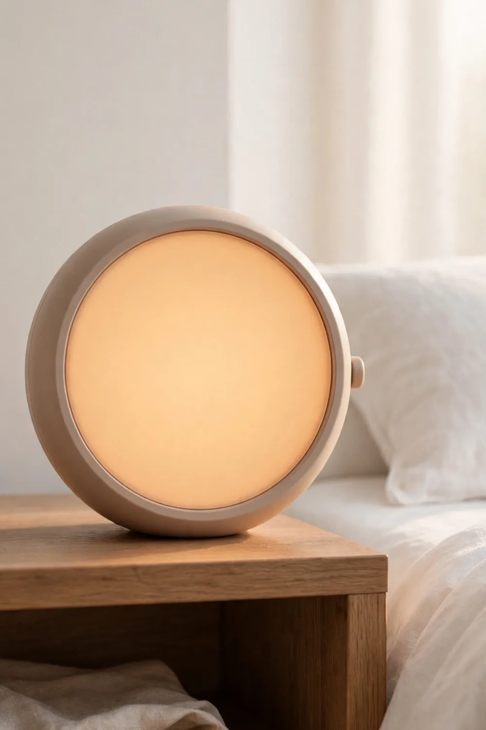 A sunrise-simulation alarm clock glowing on a nightstand