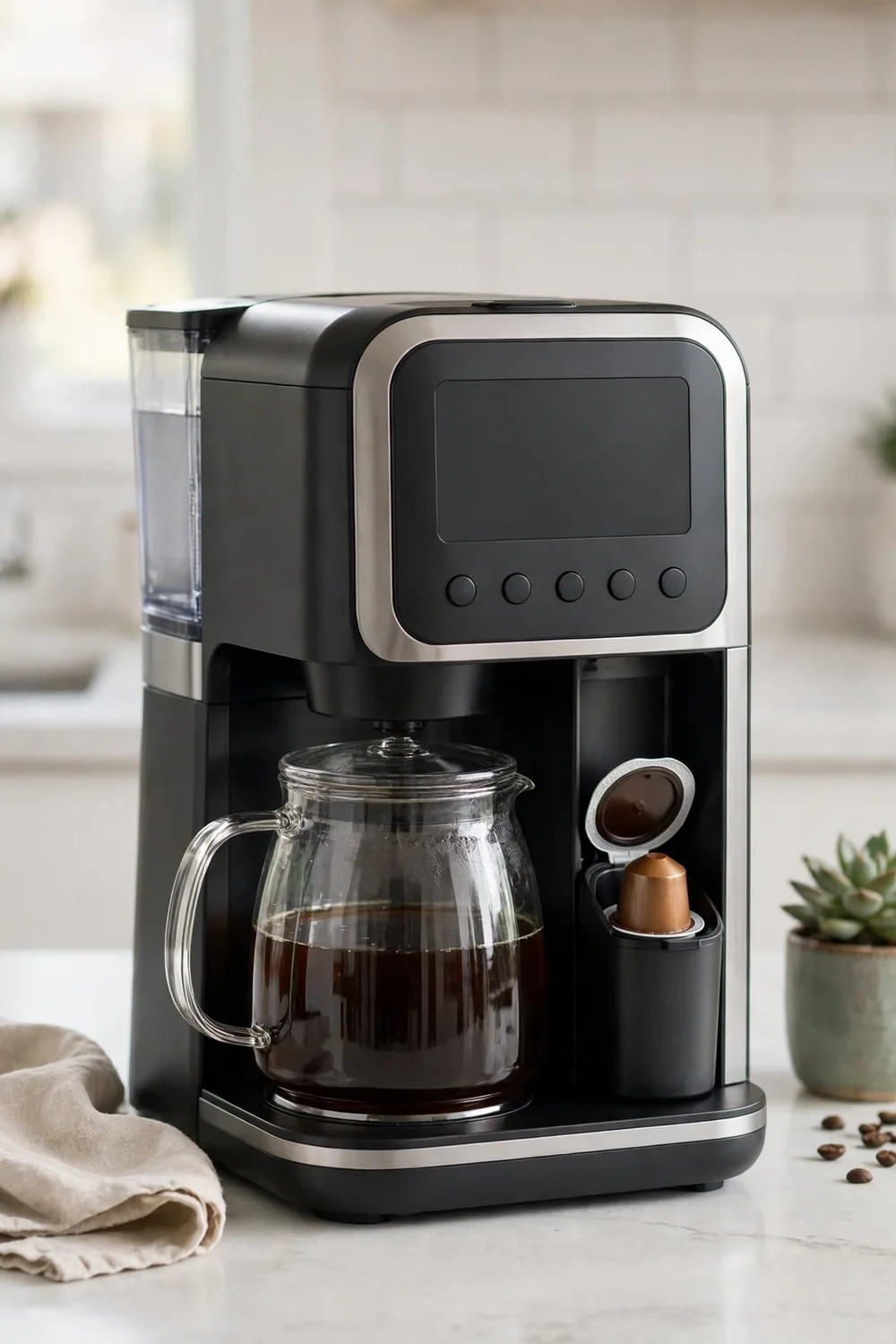 A programmable coffee maker with a glass carafe and single-serve side