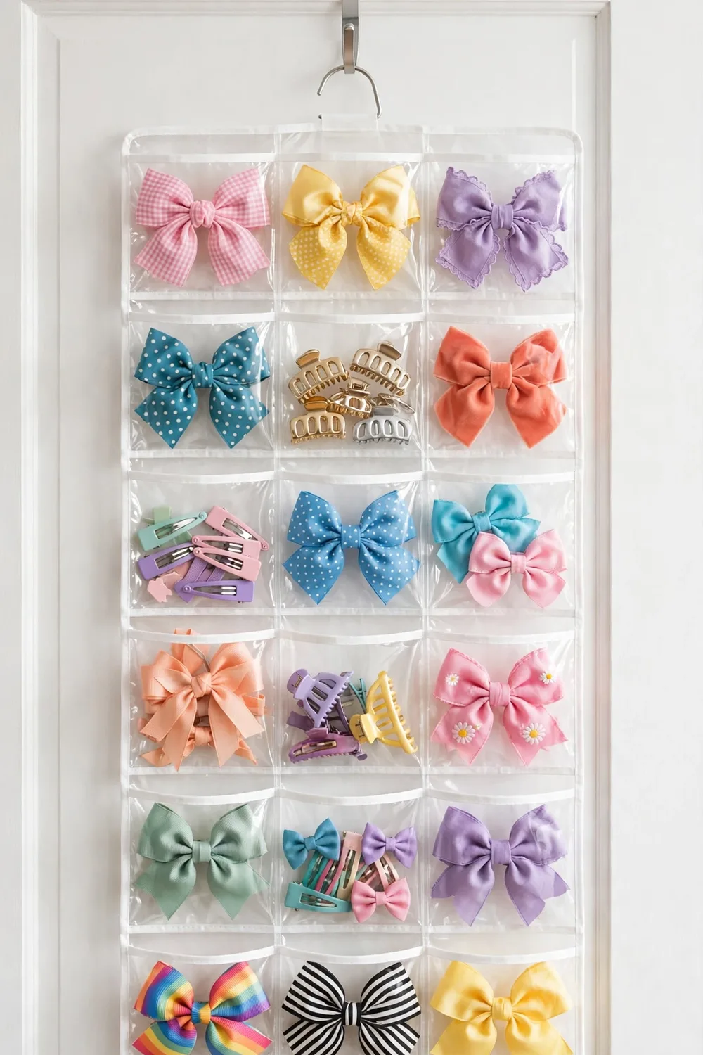 A hanging organizer full of hair bows and clips