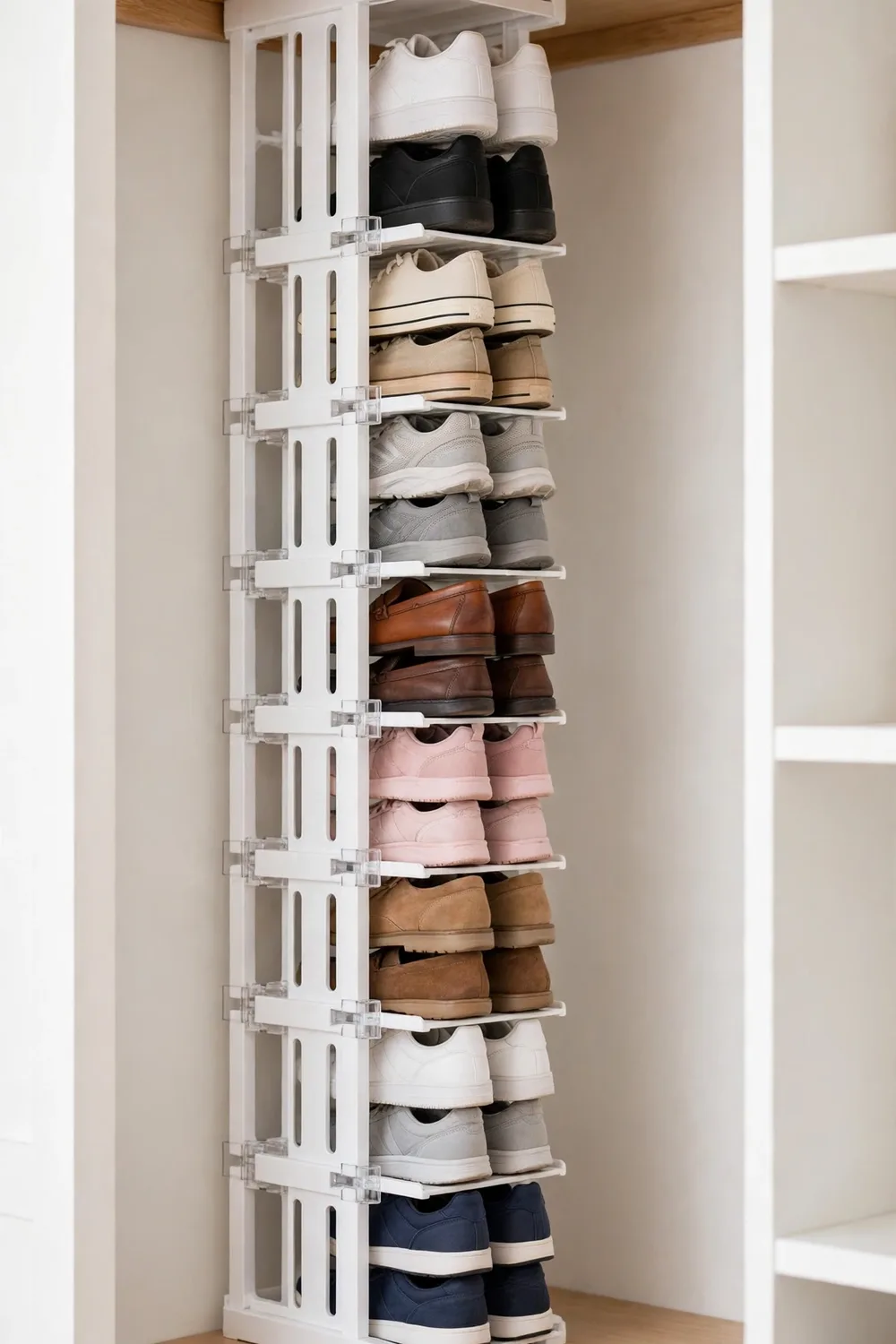 Shoe slot organizers doubling pairs on a shelf